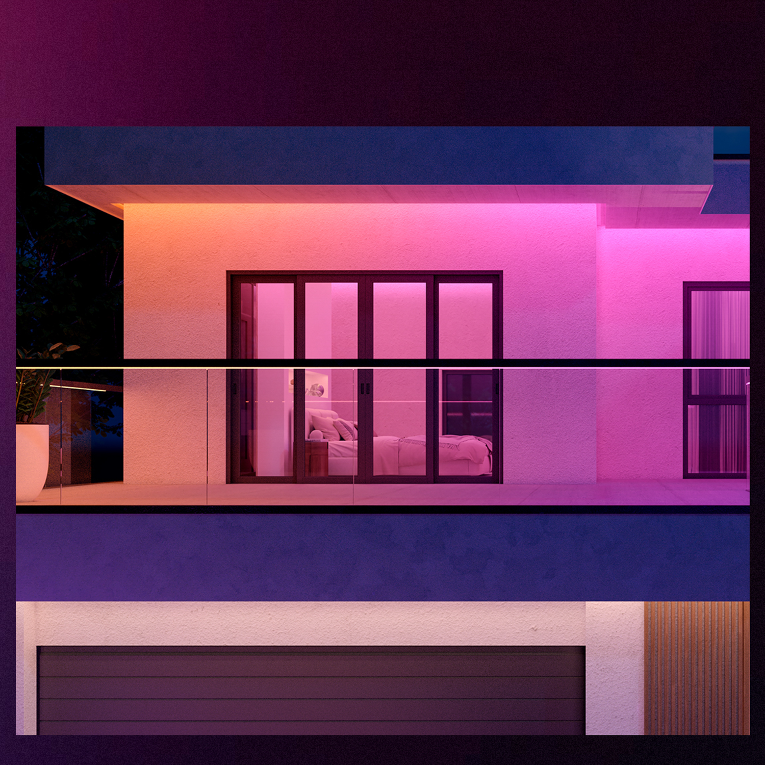 Moderne buitenkant van een huis met kleurveranderende lichten. Slaapkamer zichtbaar door glazen deuren. Garage en balkon ook zichtbaar.