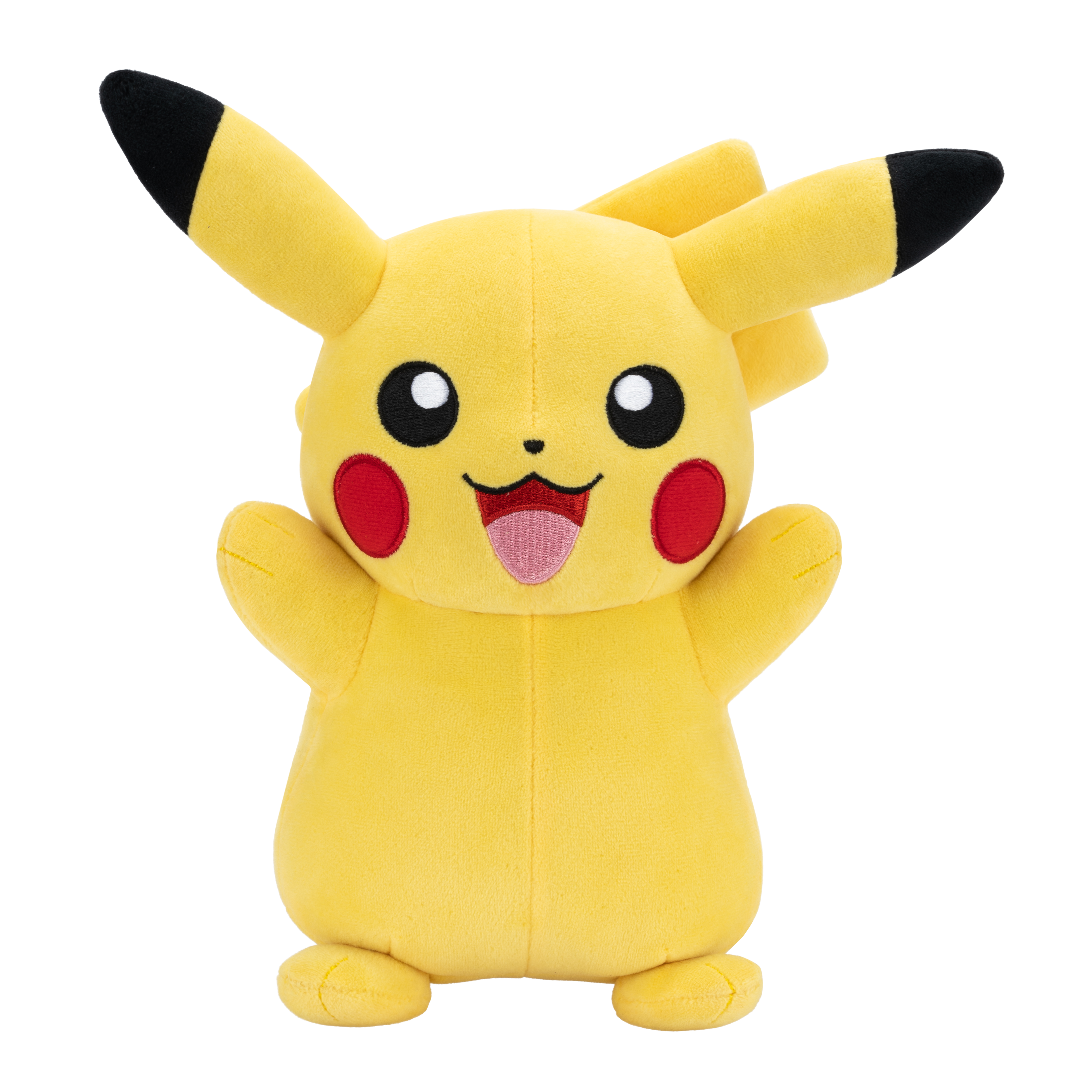 Ein Pikachu-Plüschtier steht mit offenen Armen da. Es ist gelb mit schwarzen Ohrspitzen, roten Wangen und einer herausgestreckten rosa Zunge.