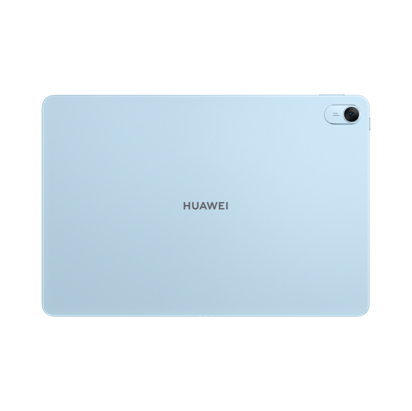 Açık mavi Huawei tabletin arkası, kamera ve logo ile. Kamera sağ üstte. Huawei logosu ortalanmış.