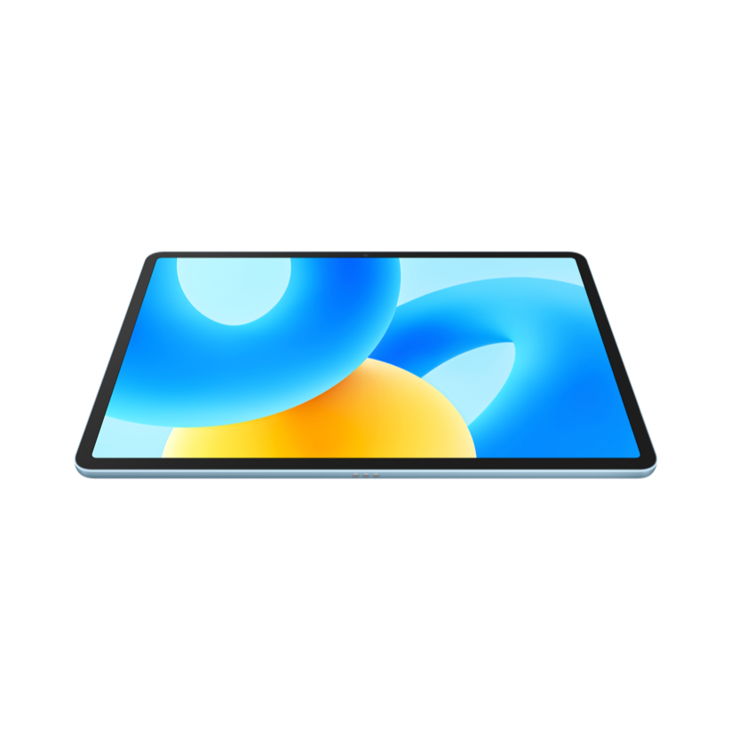 Mavi çerçeveli bir tablet. Ekran, beyaz bir arka plan üzerinde mavi ve sarı soyut bir tasarım görüntülüyor.