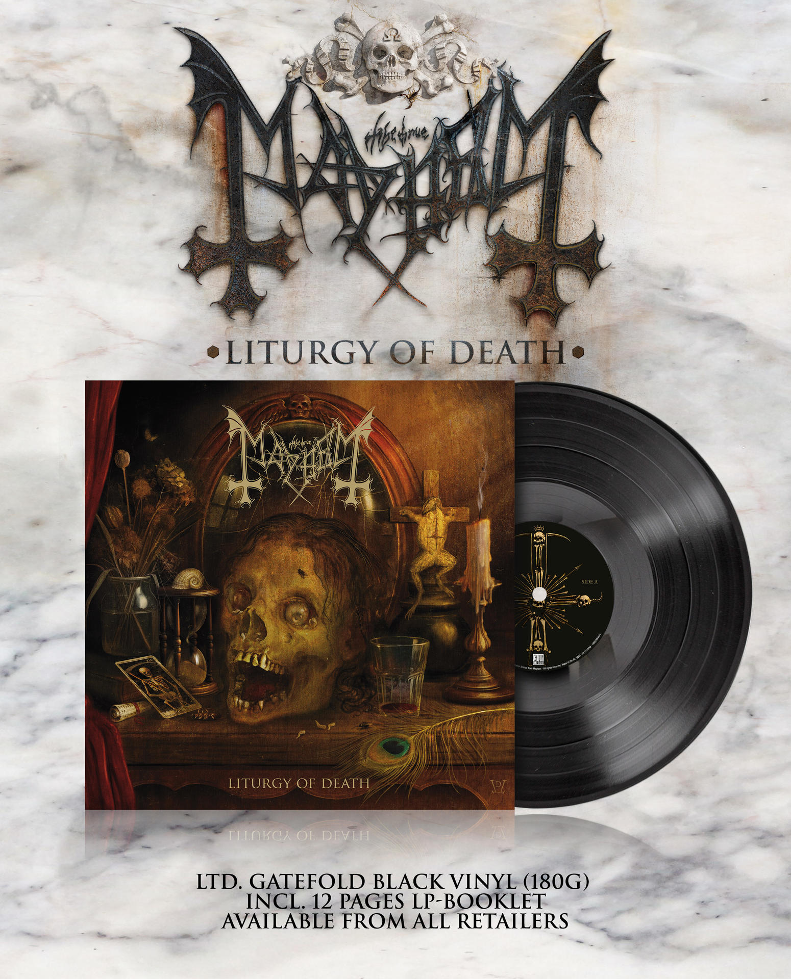 Albumcover: Schädel mit Kerzen. Vinyl-Schallplatte rechts. Mayhem-Logo oben. Text 'Liturgy of Death'.