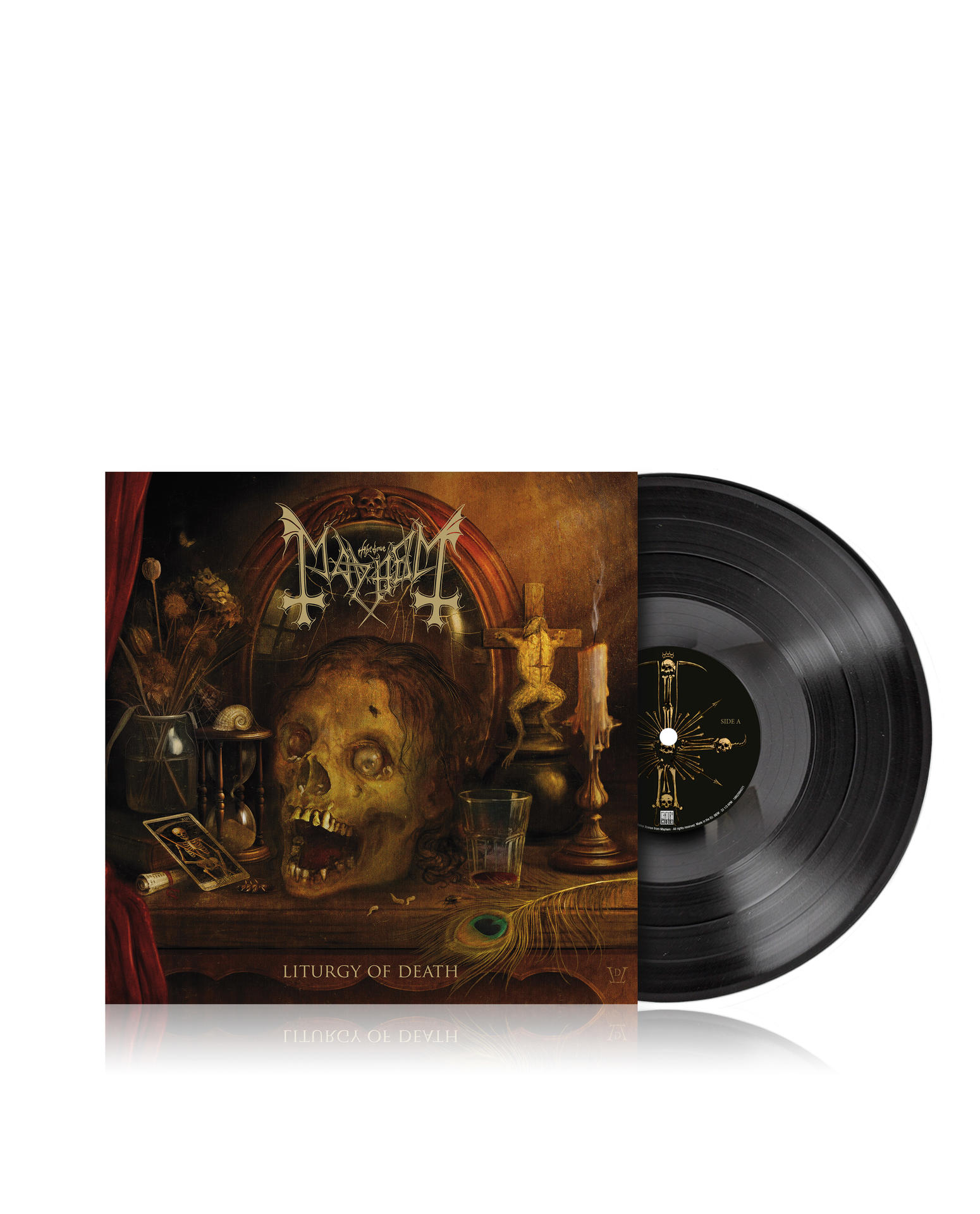 Albumcover: Schädel, Kerzen, Glas, Vinylplatte. Titel 'Liturgy of Death'. Mayhem-Bandlogo.