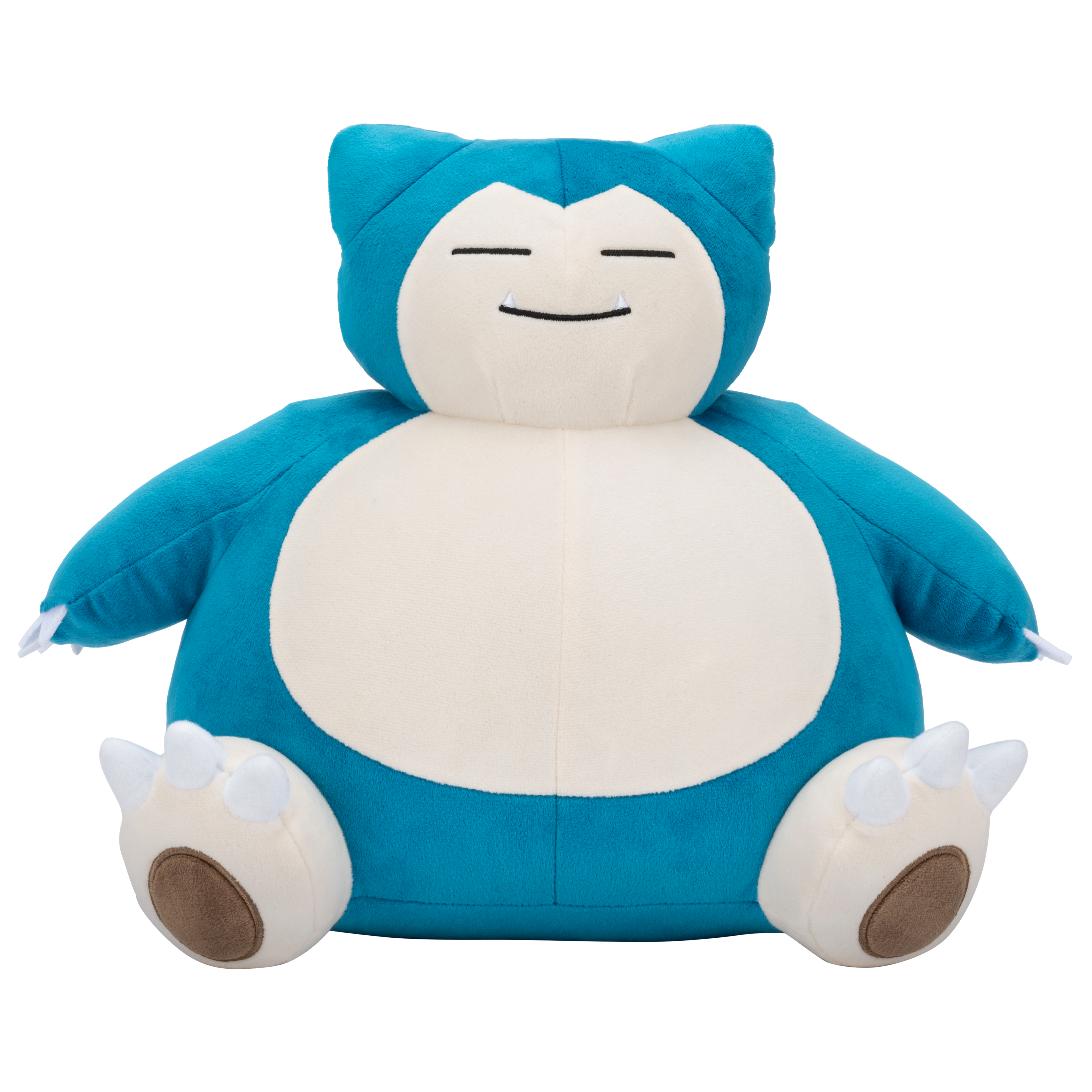 Ein Plüschtier-Snorlax mit blauem Körper, cremefarbenem Bauch und geschlossenen Augen. Es hat kleine Arme, Füße und ein lächelndes Gesicht.