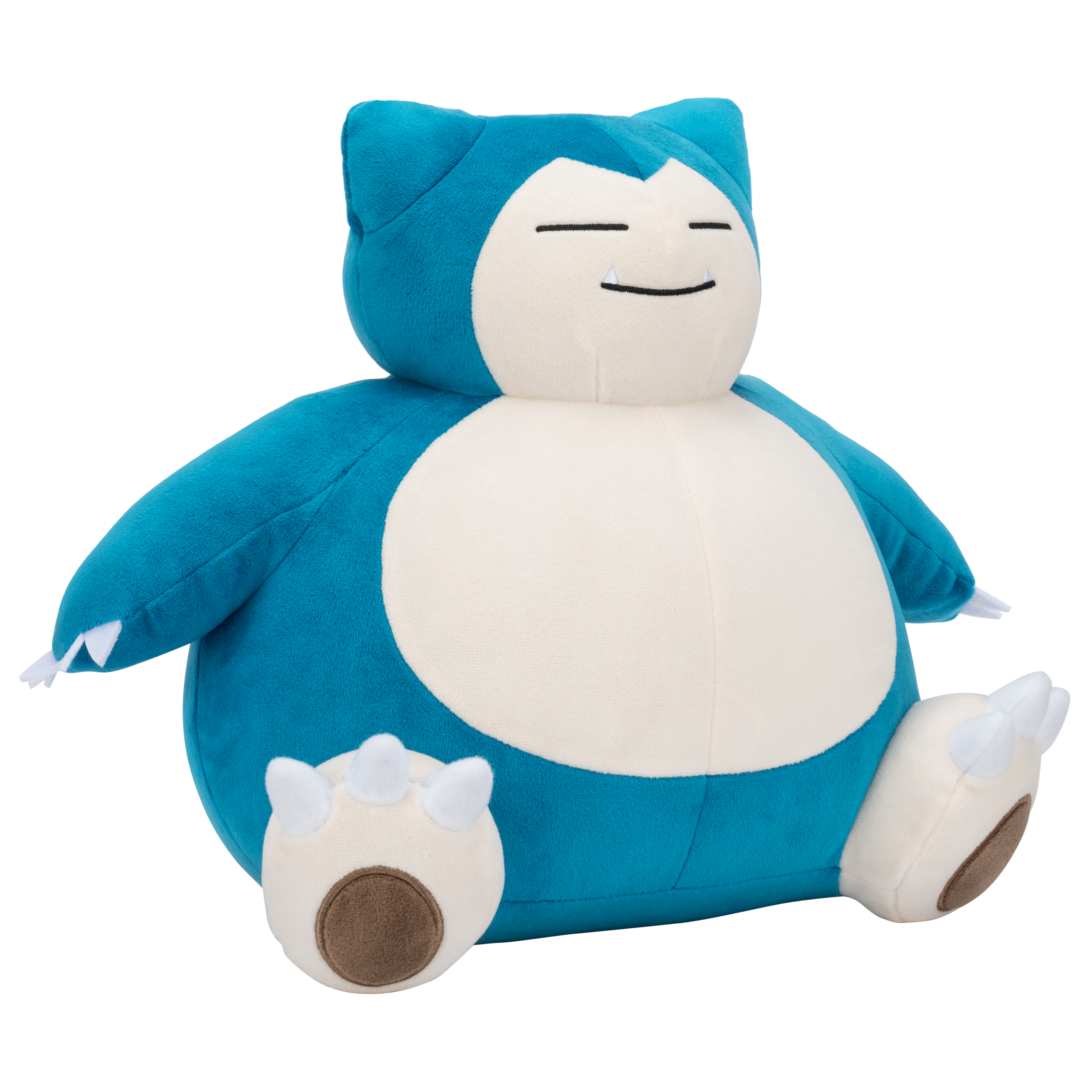 Ein Kuscheltier von Snorlax in Blau und Creme. Es hat geschlossene Augen und sitzt mit ausgestreckten Armen und Beinen. Der Hintergrund ist weiß.