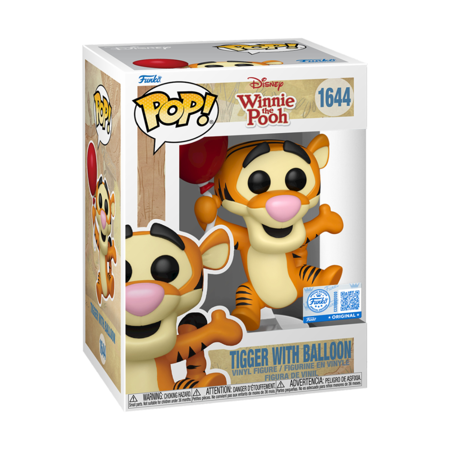 Scatola Funko Pop di Tigro con palloncino. Figura di Tigro arancione, naso rosa, strisce nere, con un palloncino rosso. La scatola ha il logo di Winnie the Pooh.