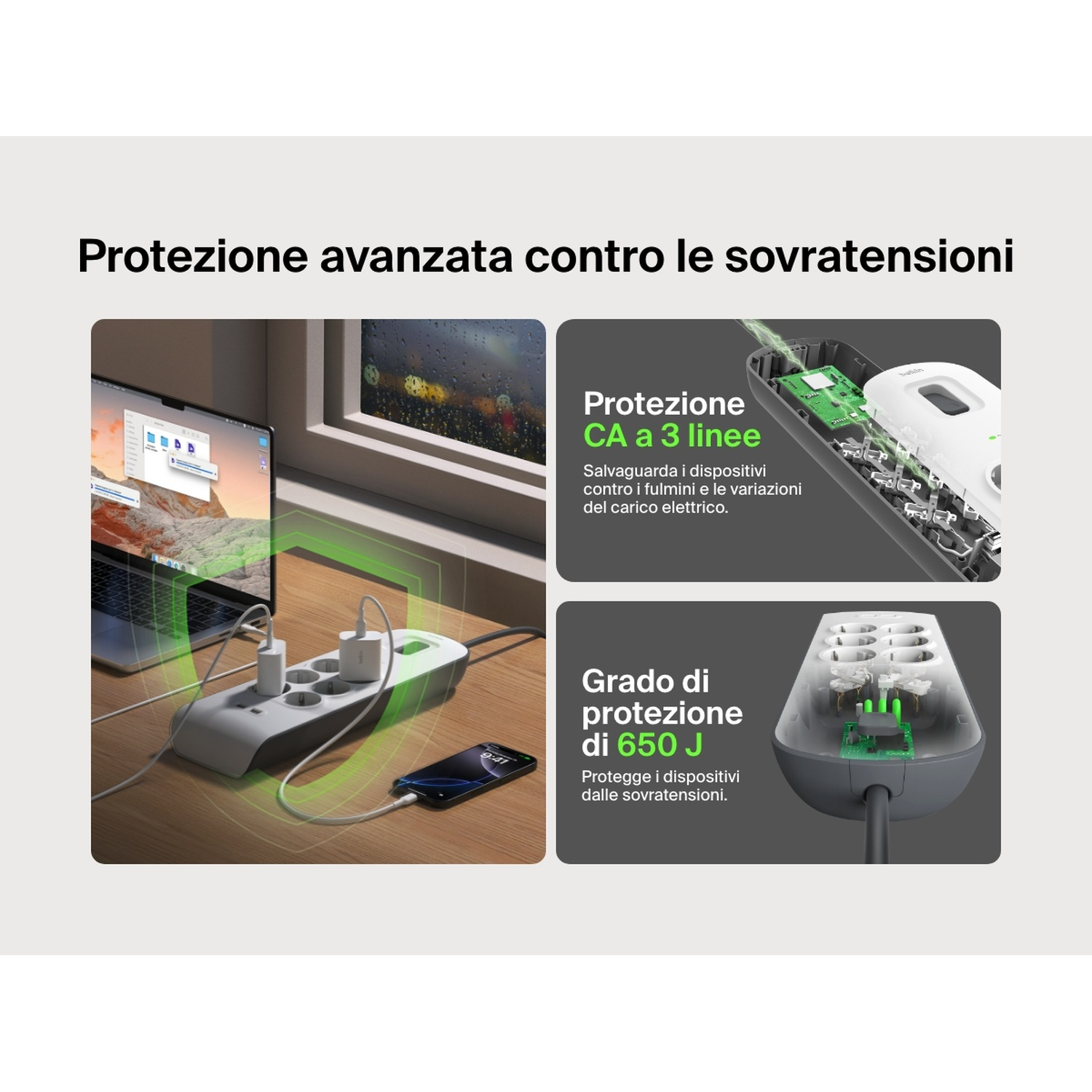 L'immagine mostra una ciabatta con laptop, telefono e caricabatterie. Il testo evidenzia le funzioni di protezione da sovratensione.