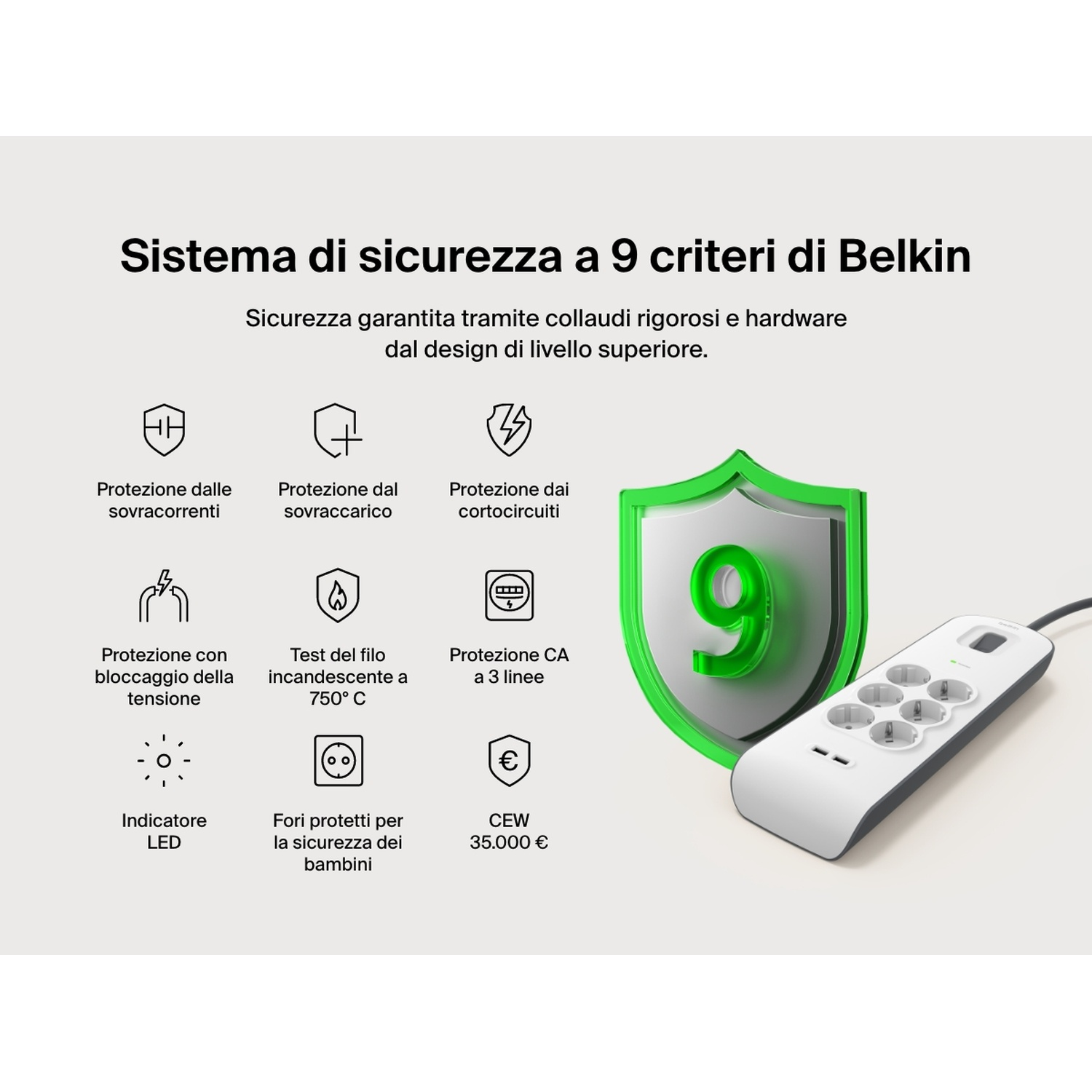 Protezione da sovratensione Belkin con nove funzioni di sicurezza. Icone mostrano i tipi di protezione. Scudo verde con '9' e ciabatta bianca.
