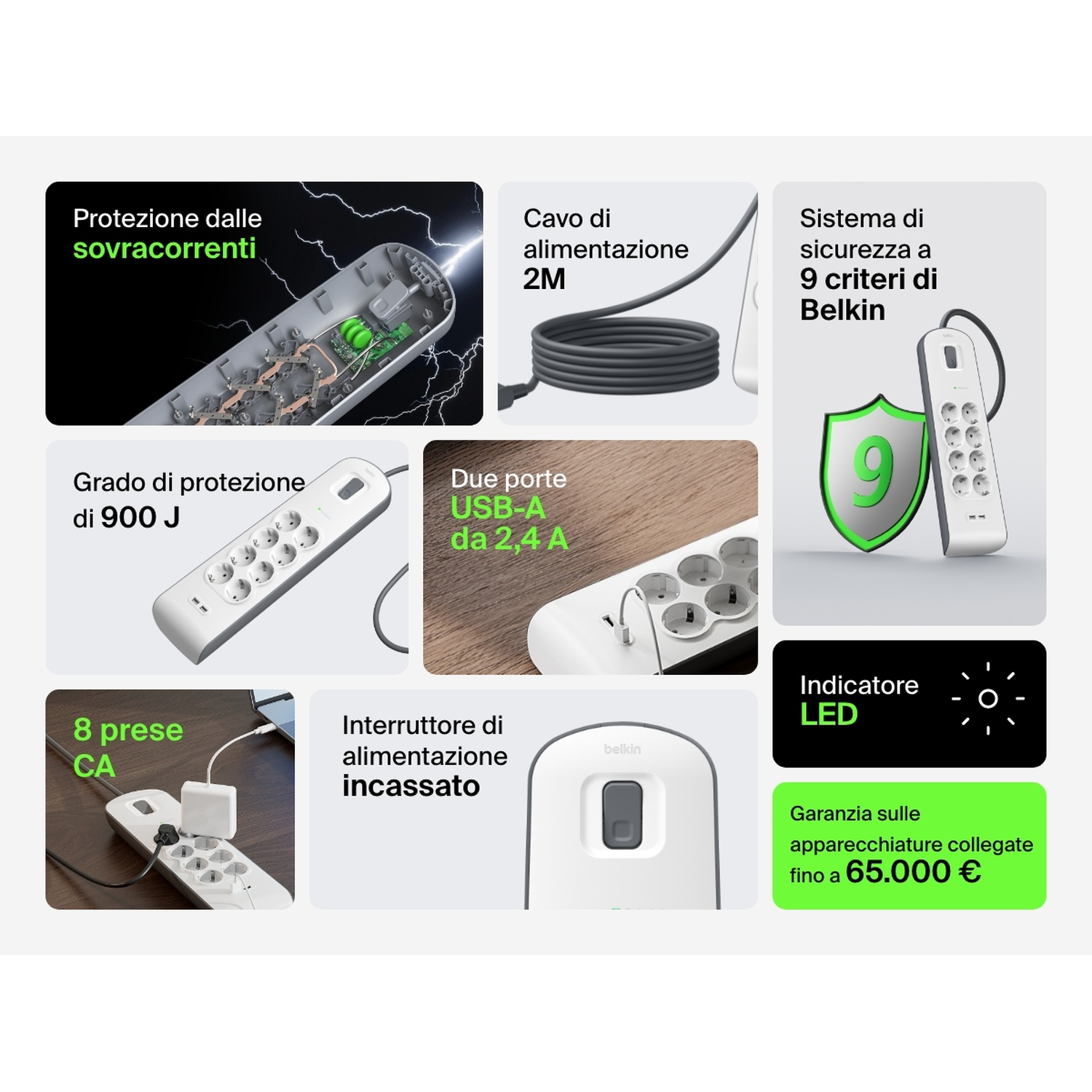 Immagine mostra un protezione da sovratensione Belkin con protezione, 8 prese CA, porte USB, indicatore LED e interruttore.