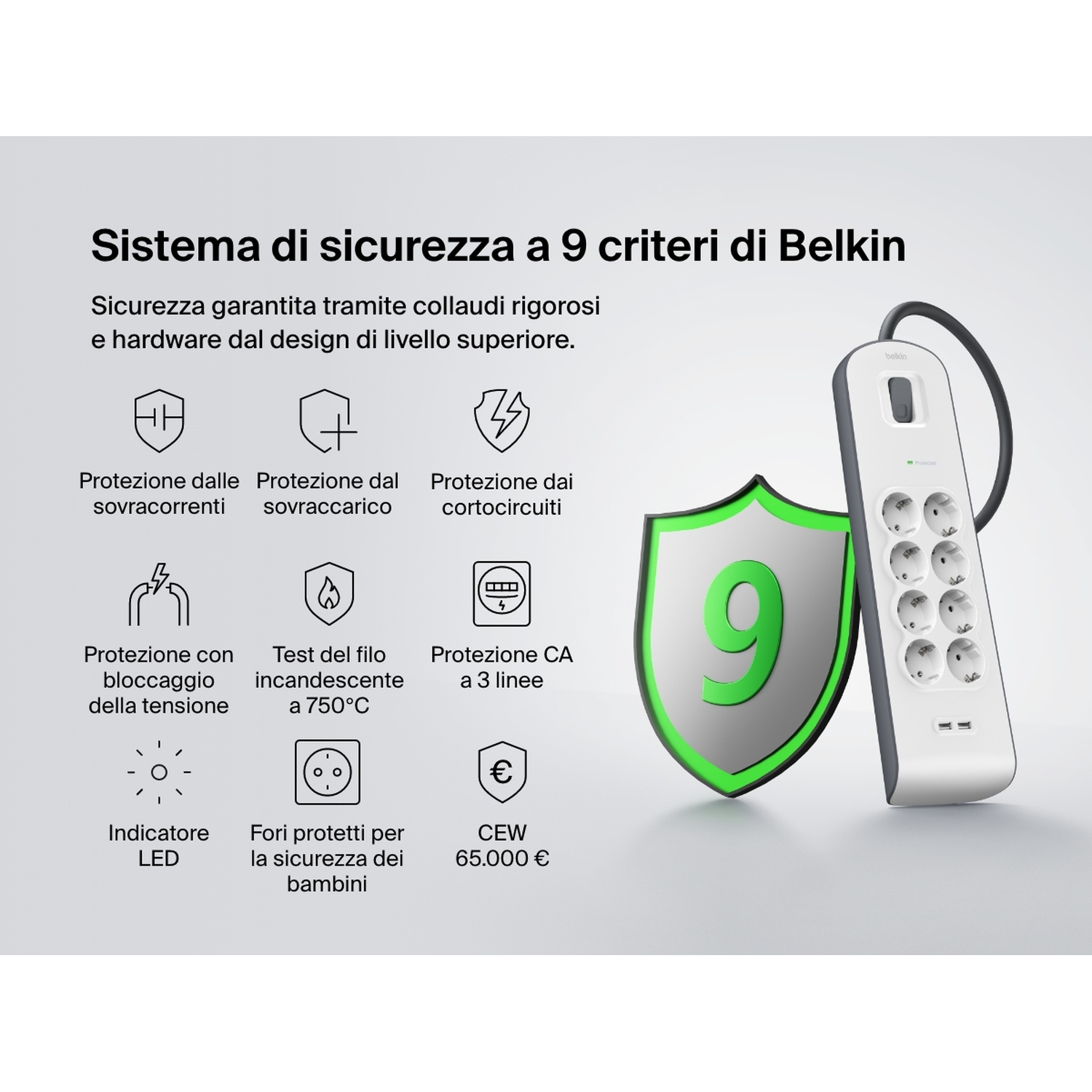 Una ciabatta Belkin bianca con 9 funzioni di sicurezza. Il testo descrive la protezione da sovratensioni, sovraccarichi e cortocircuiti.