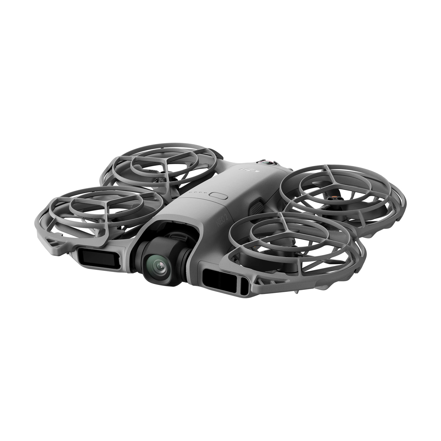Un drone grigio con quattro eliche, circondato da protezioni, su sfondo bianco.