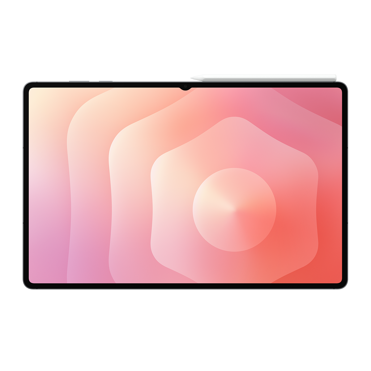 Pembe ve turuncu tonlarında renkli soyut bir arka plana sahip tablet. Bir kalem tabletin üst kenarında duruyor.