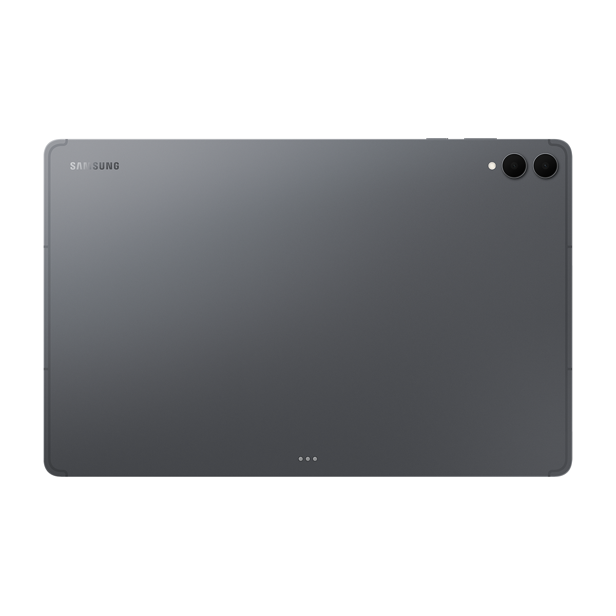 Gri bir Samsung tabletin arkası. Samsung logosu, iki kamera ve altta üç küçük nokta bulunuyor.