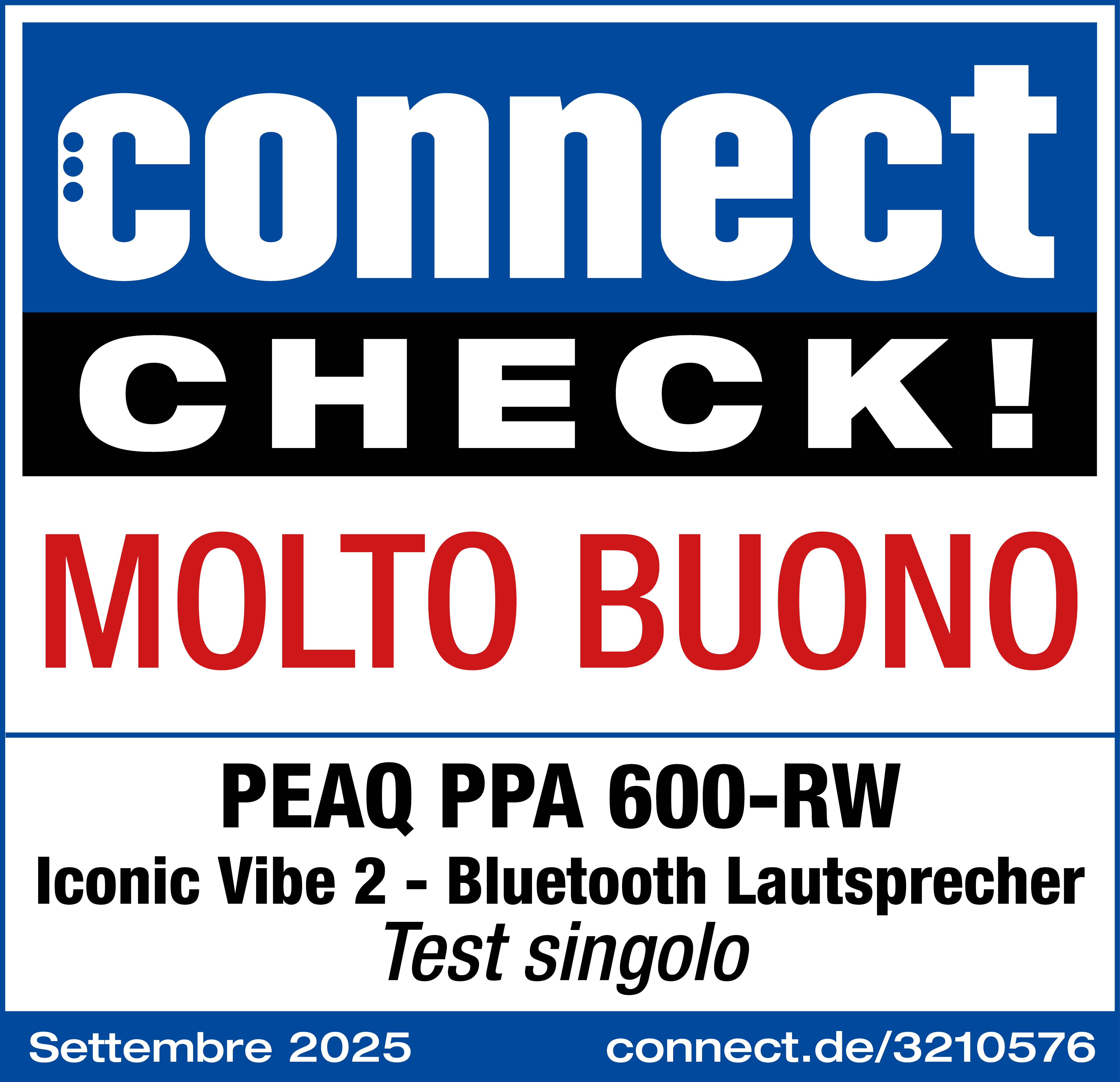 Une affiche avec les mots connect CHECK! MOLTO BUONO. Elle mentionne également PEAQ PPA 600-RW et d'autres détails du produit.