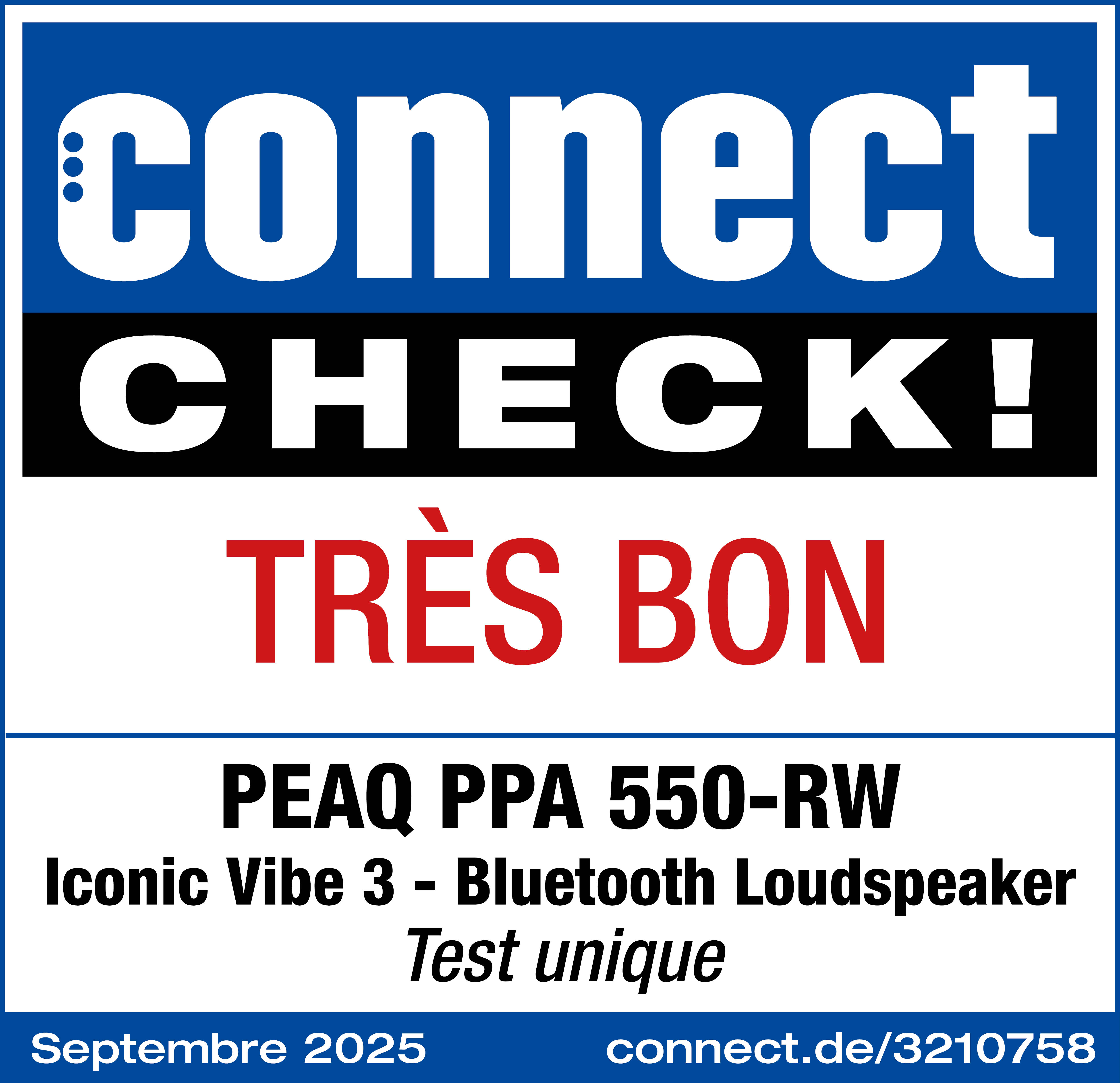 L'image est une affiche avec texte : 'connect CHECK! TRÈS BON' et détails du produit : PEAQ PPA 550-RW, Haut-parleur Bluetooth.