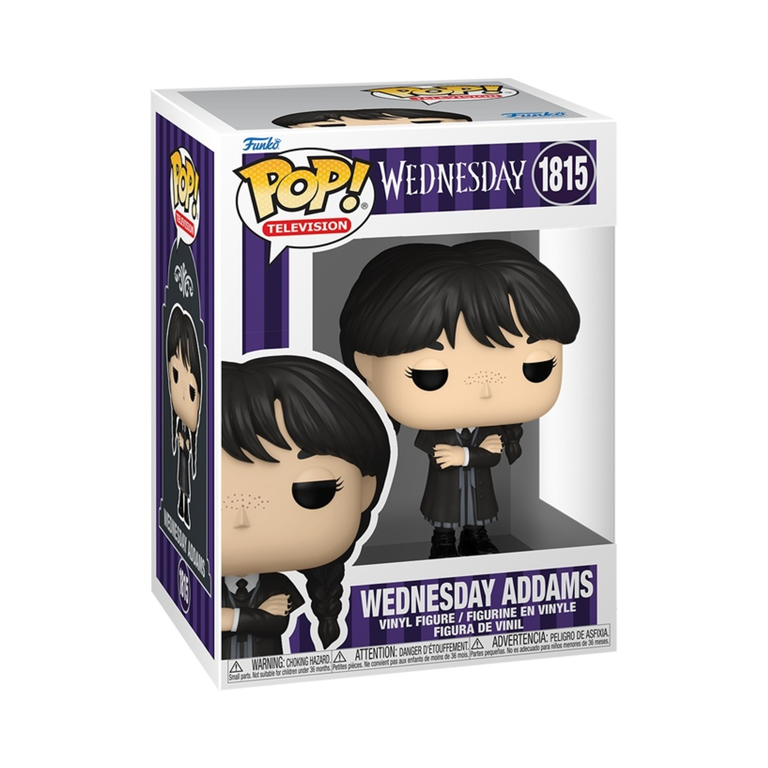 Una scatola Funko Pop con Wednesday Addams. La figura indossa un cappotto nero e ha i capelli neri. La scatola è bianca e viola.