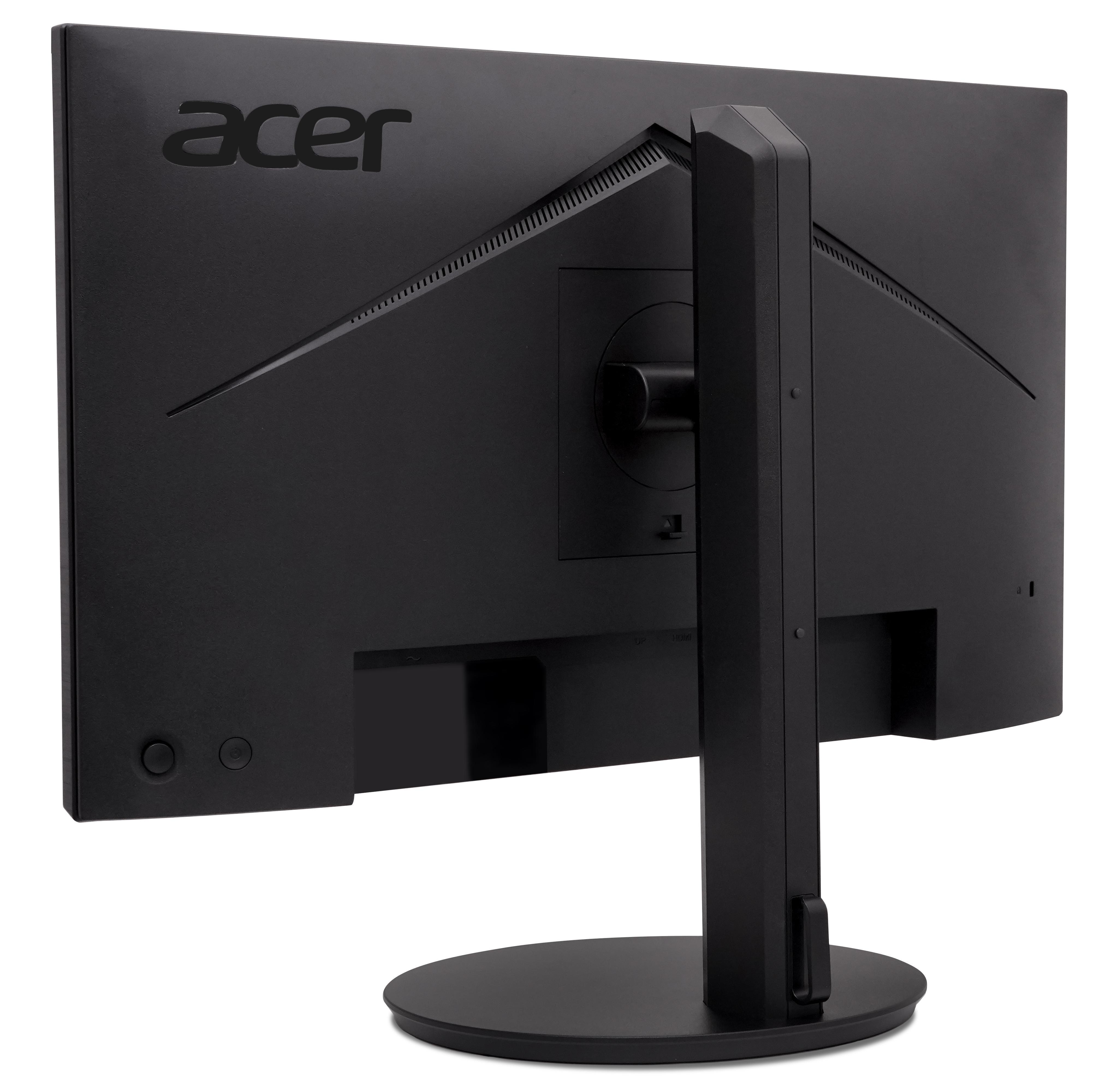 Die Rückseite eines schwarzen Acer-Monitors wird gezeigt. Ein schwarzer Ständer stützt den Monitor auf weißem Hintergrund.