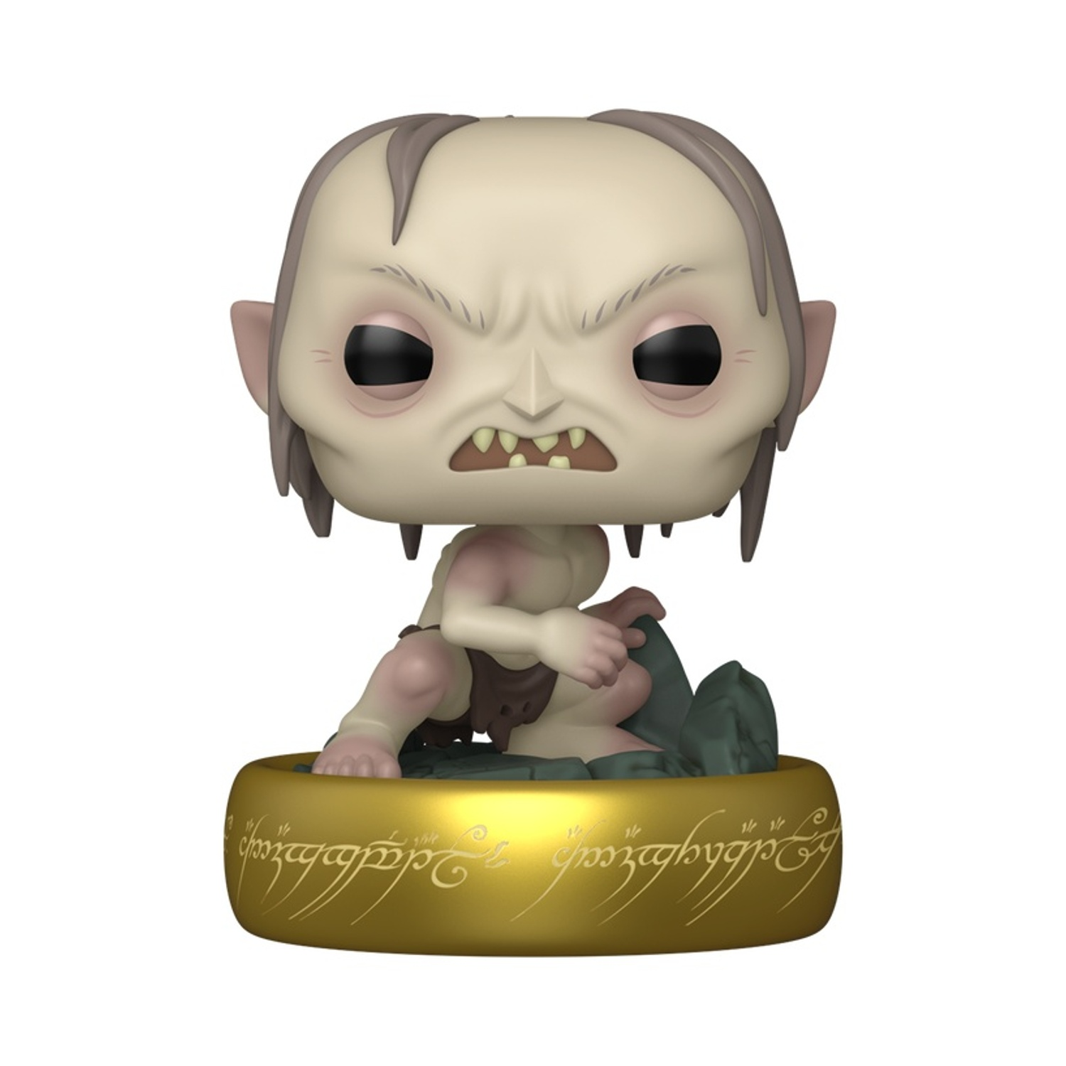 Figurina di Gollum. Pelle pallida, occhi grandi, chino sull'anello d'oro. L'anello è inciso con scrittura elfica. Rocce verdi sullo sfondo.