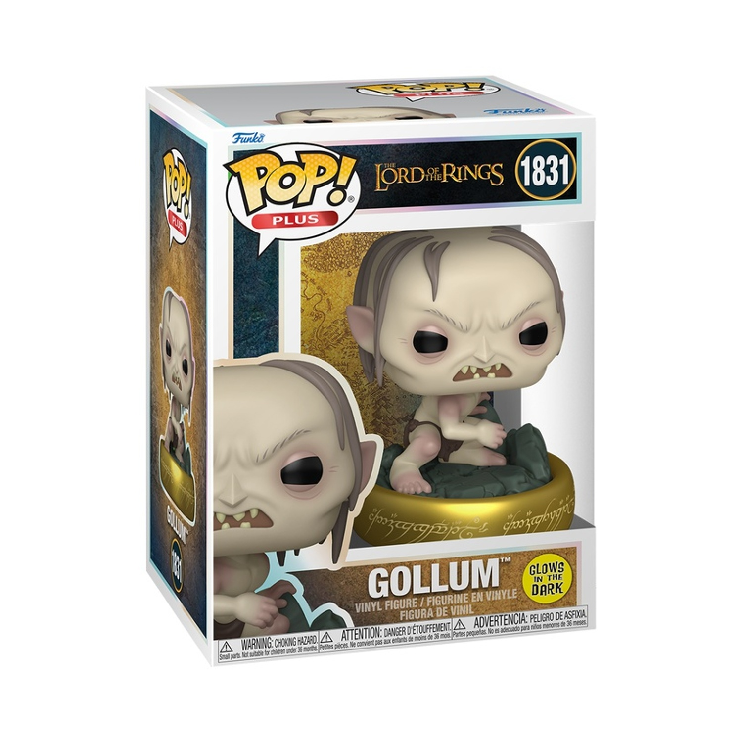 Una figura Funko Pop di Gollum all'interno della sua scatola. La figura è di carnagione chiara con capelli scuri, seduta su una base ad anello dorato, che si illumina al buio.