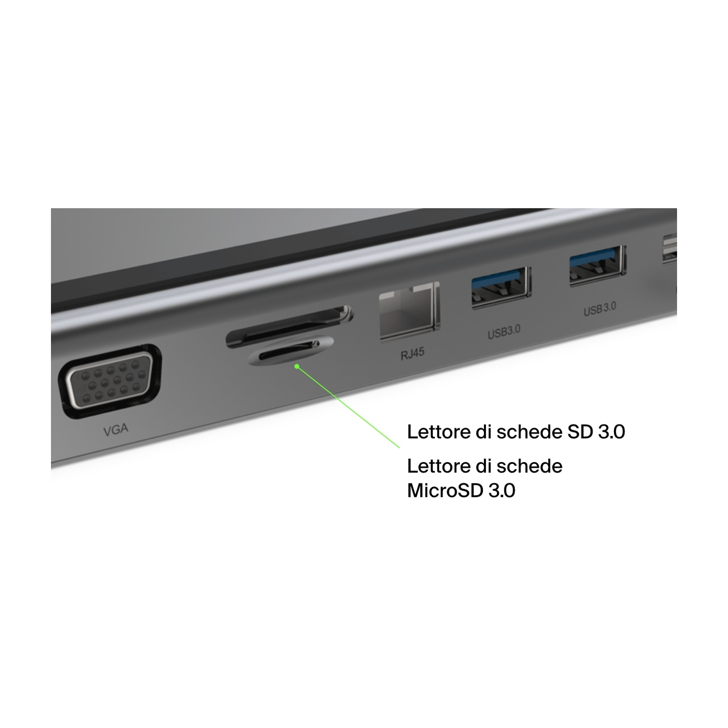 Un hub USB argentato con porte VGA, RJ45, USB 3.0 e lettore di schede SD. Il testo identifica gli slot per schede SD e MicroSD.