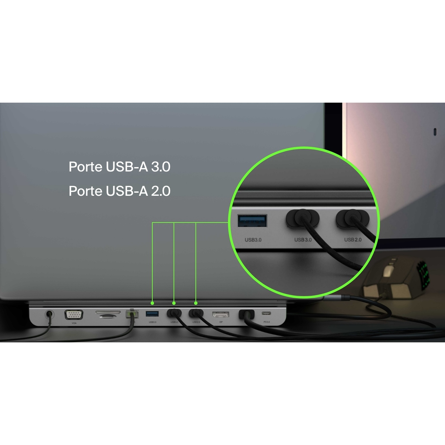 Un primo piano di un hub USB con diverse porte. Etichettato: USB-A 3.0, USB-A 2.0, USB3.0, USB 3.0, USB 2.0, VGA, SD, DP e PD3.0.