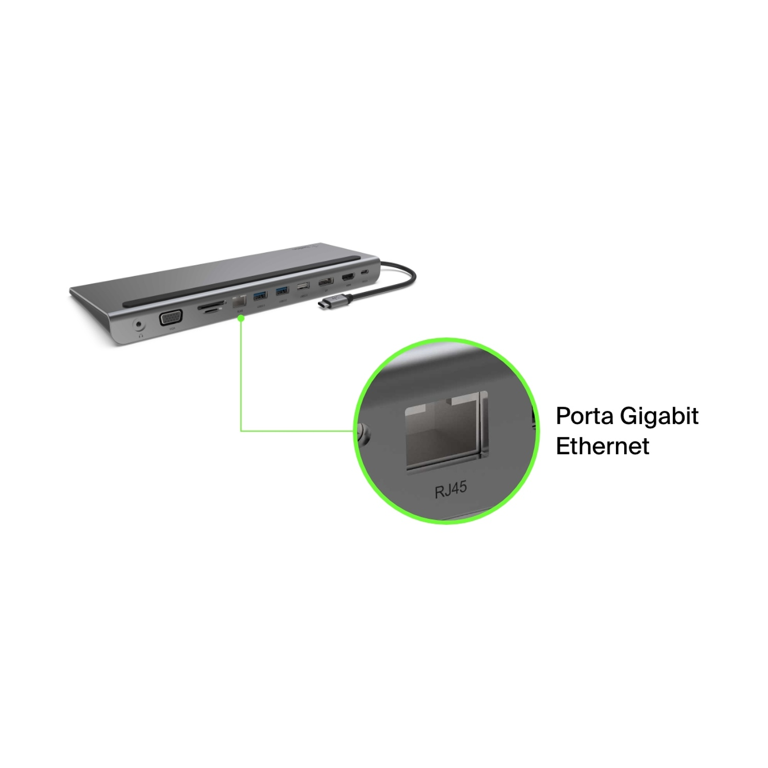 Una docking station argentata con diverse porte, tra cui USB, HDMI ed Ethernet, è visualizzata. Un primo piano mostra la porta Ethernet.