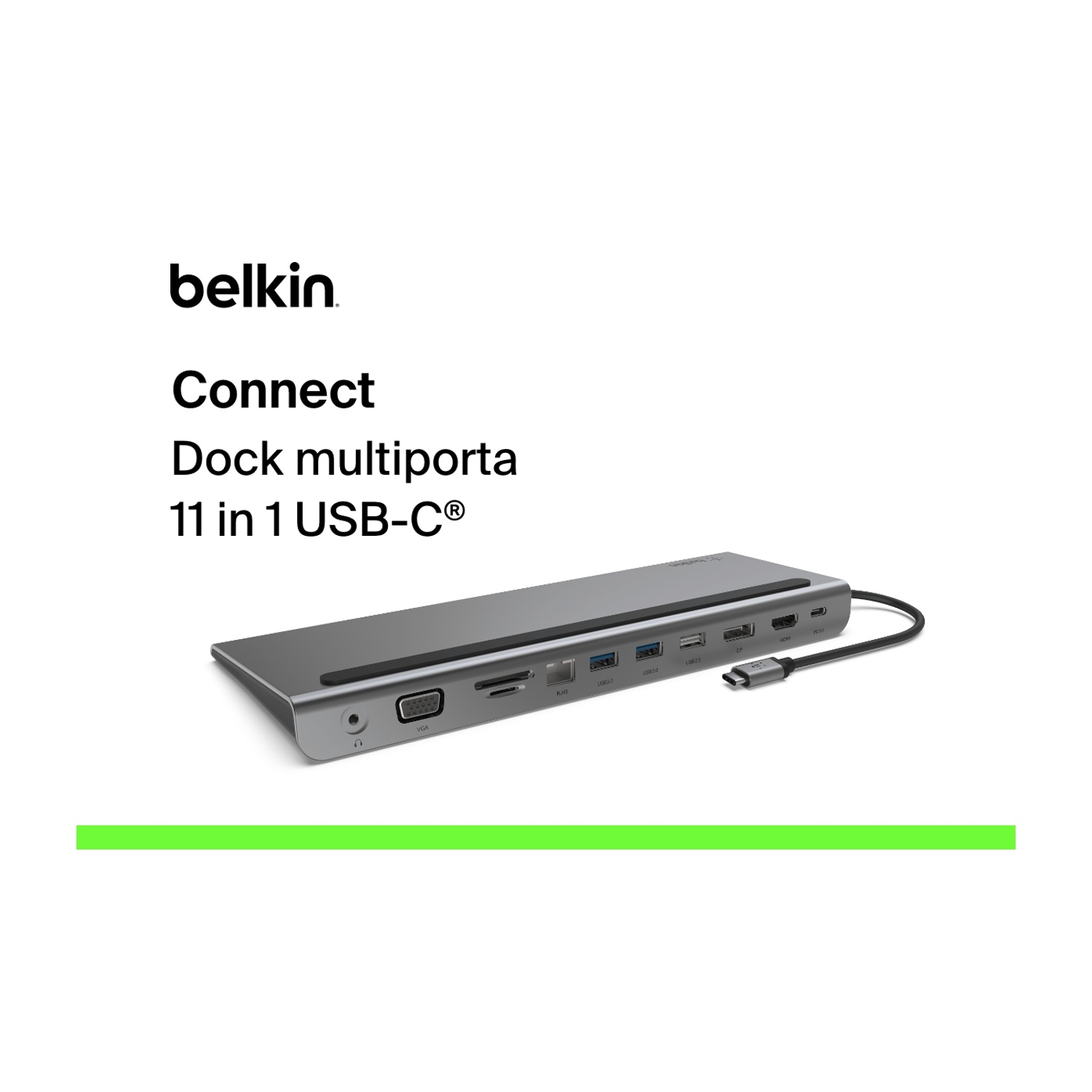 Un Belkin Connect Dock multiporta 11 in 1 USB-C. È grigio argento con più porte, un cavo nero e una linea verde in basso.