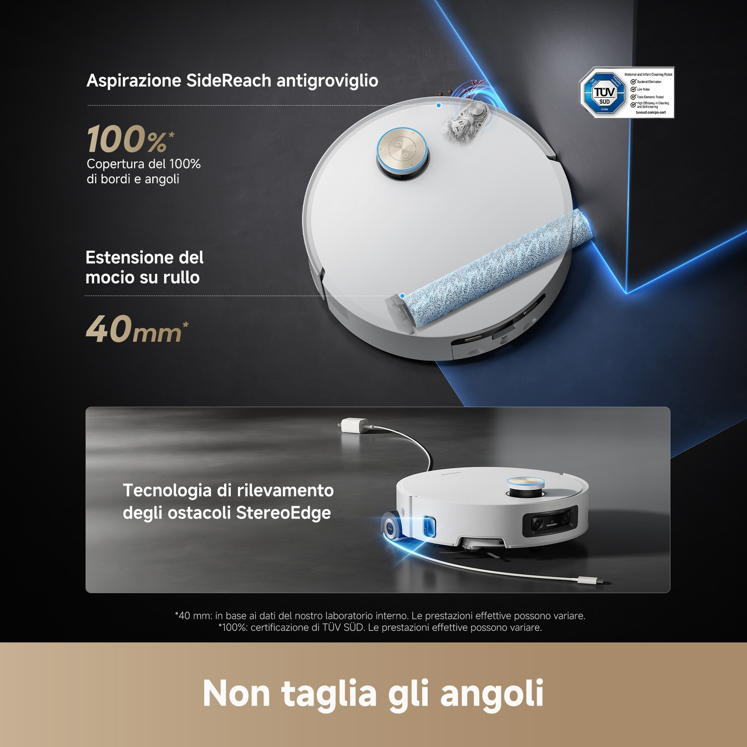 Un aspirapolvere robotico bianco con rullo blu e logo TUV SUD. Il testo descrive le caratteristiche e le prestazioni.