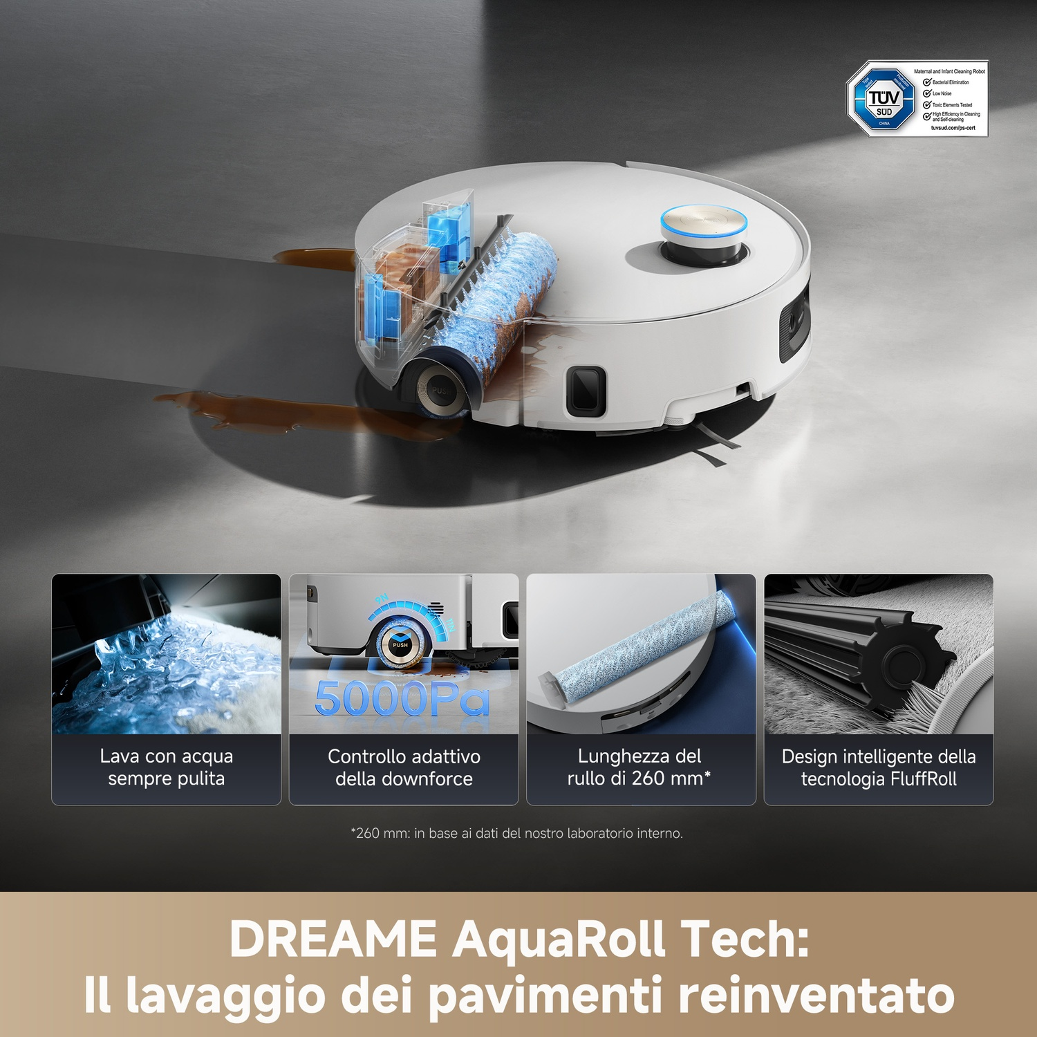 Un robot aspirapolvere bianco con una vista a sezione che mostra i componenti interni, che pulisce una superficie con acqua e caratteristiche del prodotto.