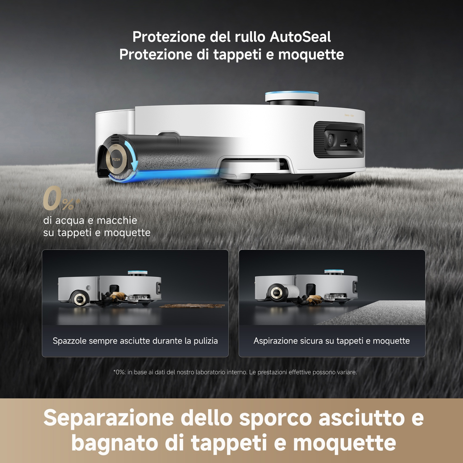 Un aspirapolvere robot bianco con luce blu. Il testo mostra 'Protezione rullo AutoSeal' e 'protezione tappeti'.