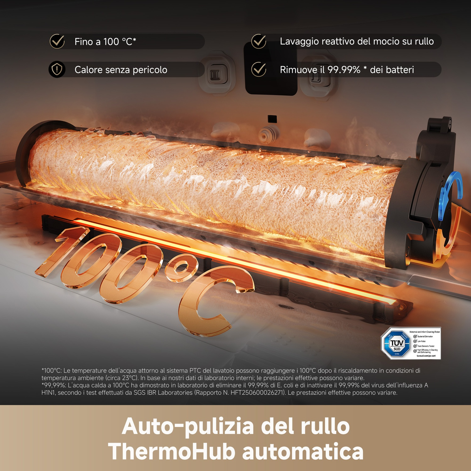 Un sistema di pulizia con un rullo caldo e incandescente. Il testo menziona 100°C, rimozione batteri e autopulizia.