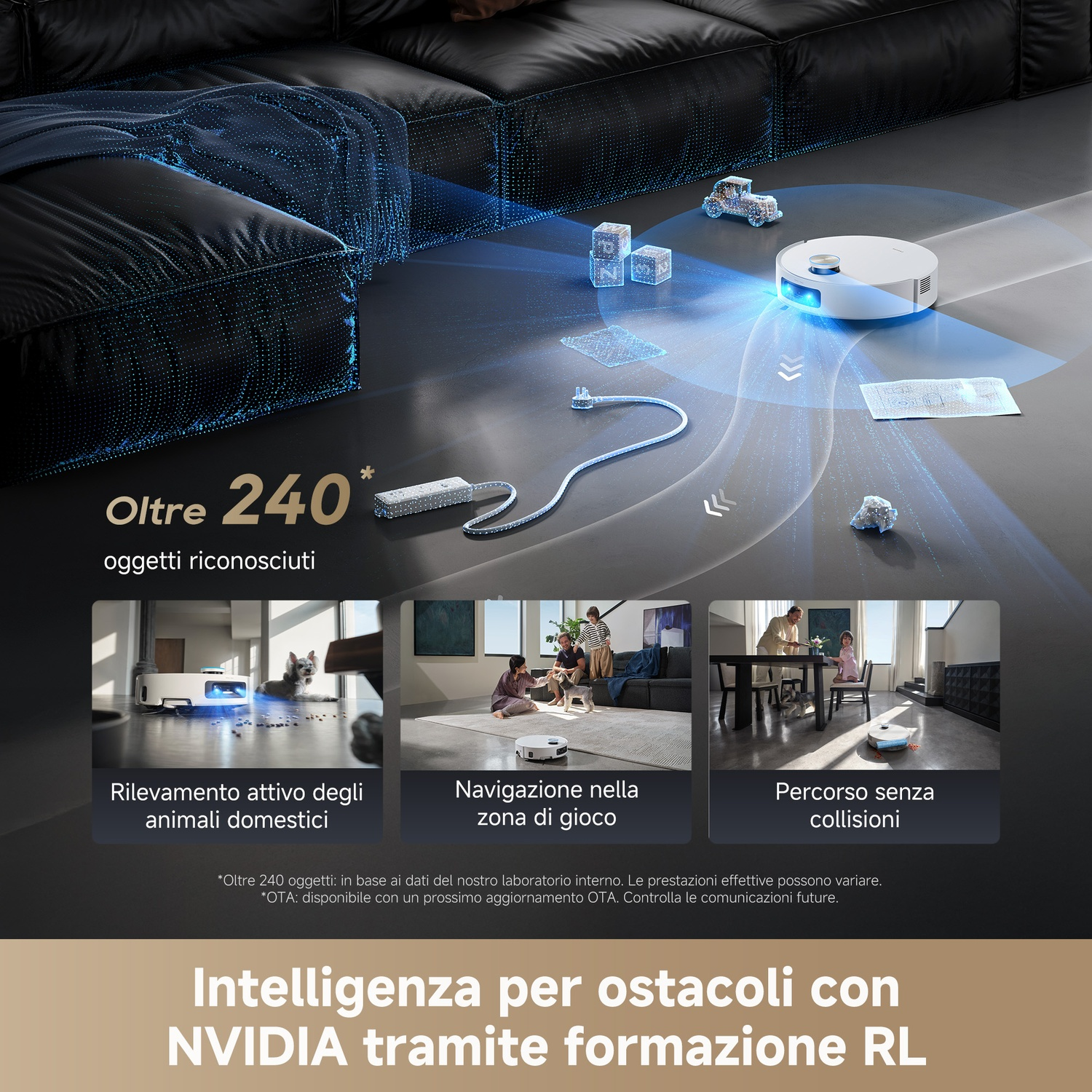 Un aspirapolvere robot bianco su un pavimento grigio, con testo in italiano che descrive le sue caratteristiche, incluso l'evitamento degli ostacoli.