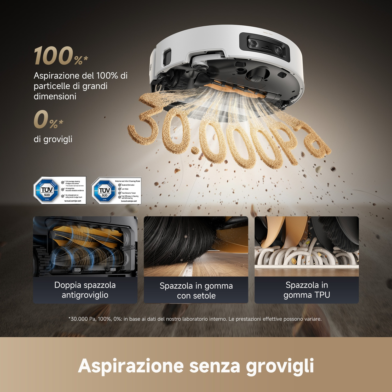 Un robot aspirapolvere con testo che mostra la rimozione del 100% delle particelle e lo 0% di grovigli. Sono mostrati anche i dettagli della spazzola.