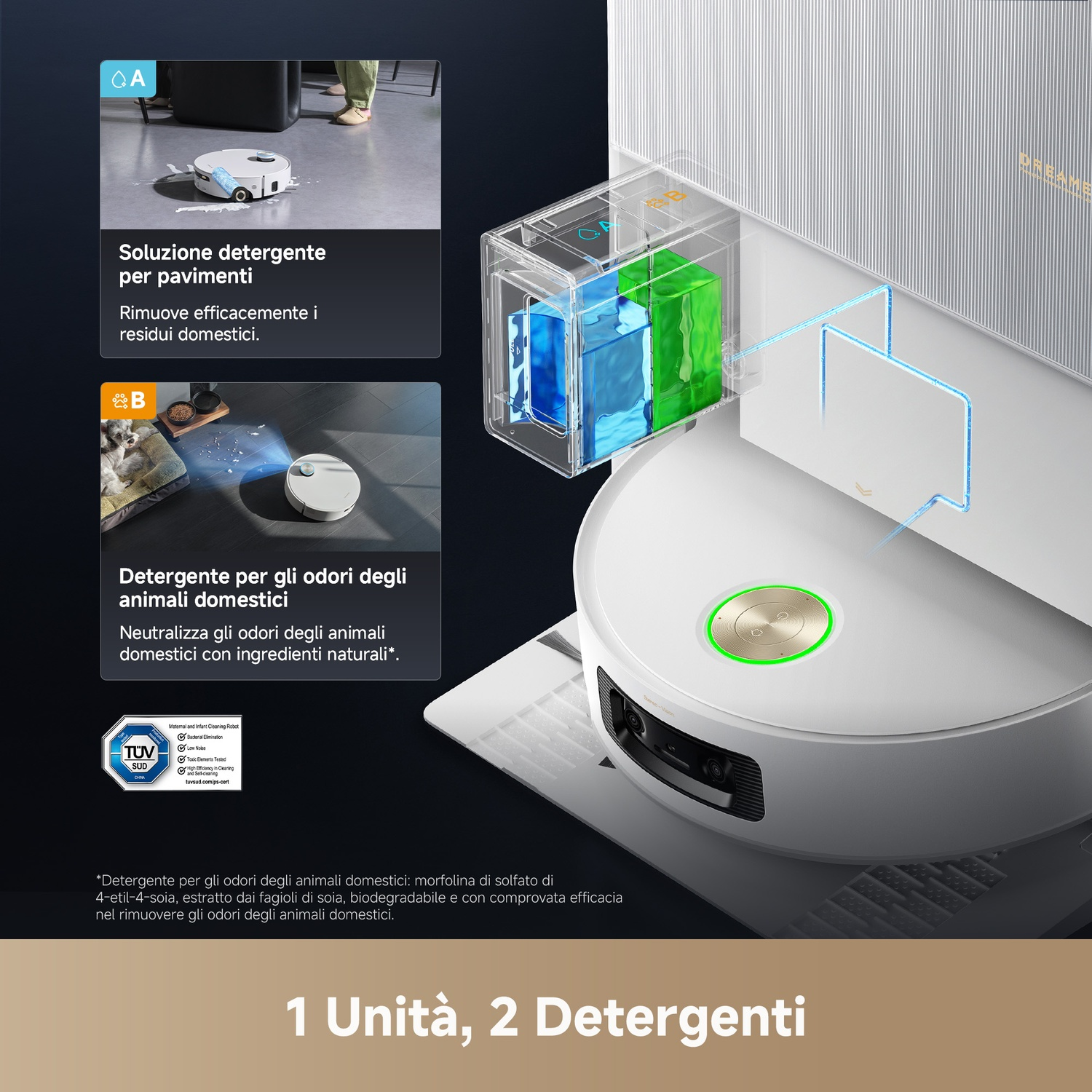 Un robot aspirapolvere bianco con un pulsante verde e oro è su una superficie bianca. Ha due serbatoi di detergente.