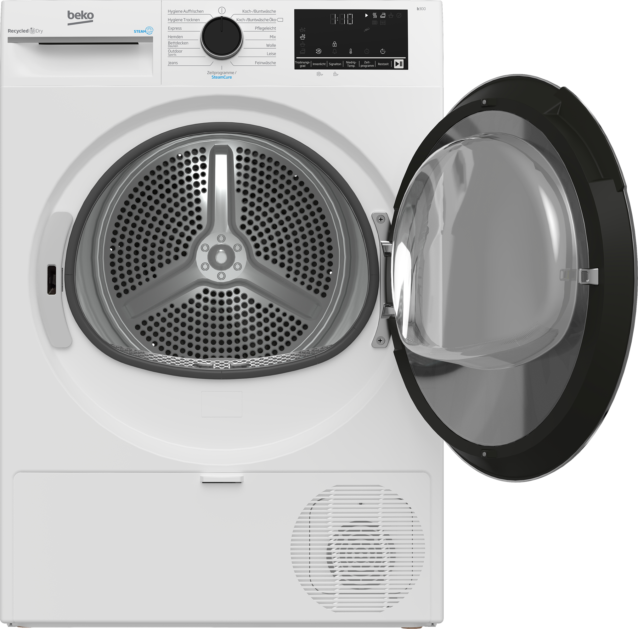 Ein weißer Beko-Trockner mit offener Tür. Die Innentrommel ist sichtbar. Bedienelemente und Display sind oben rechts.