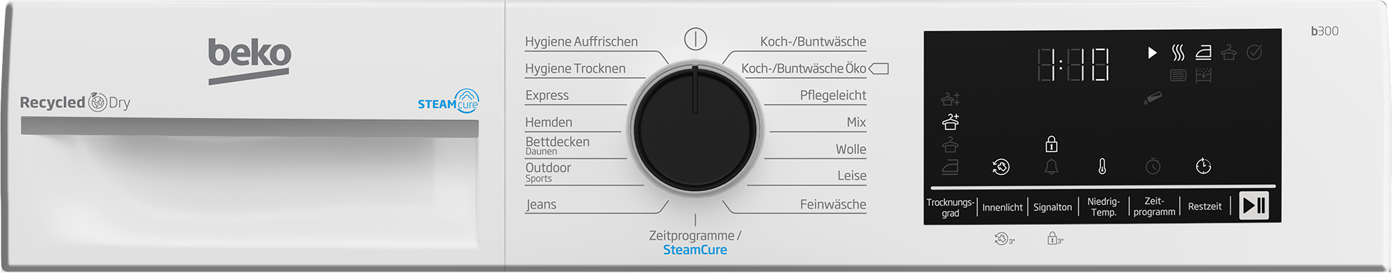 Weißes Beko-Trockner-Bedienfeld mit Drehregler, Display und verschiedenen Programmen und Symbolen.