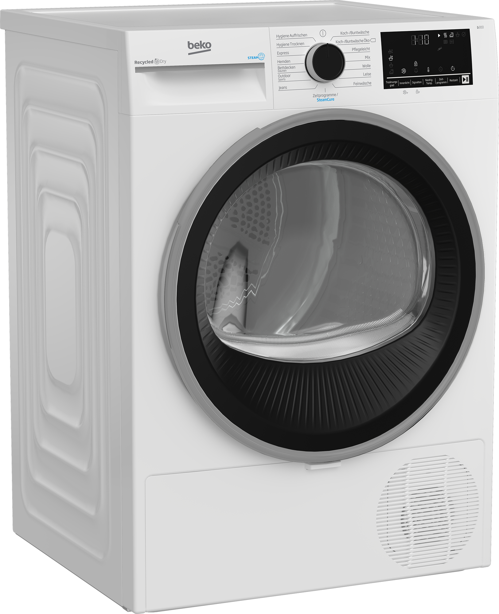 Ein weißer Beko-Trockner. Er hat eine runde Tür und ein Bedienfeld. Knöpfe und ein Display befinden sich rechts.
