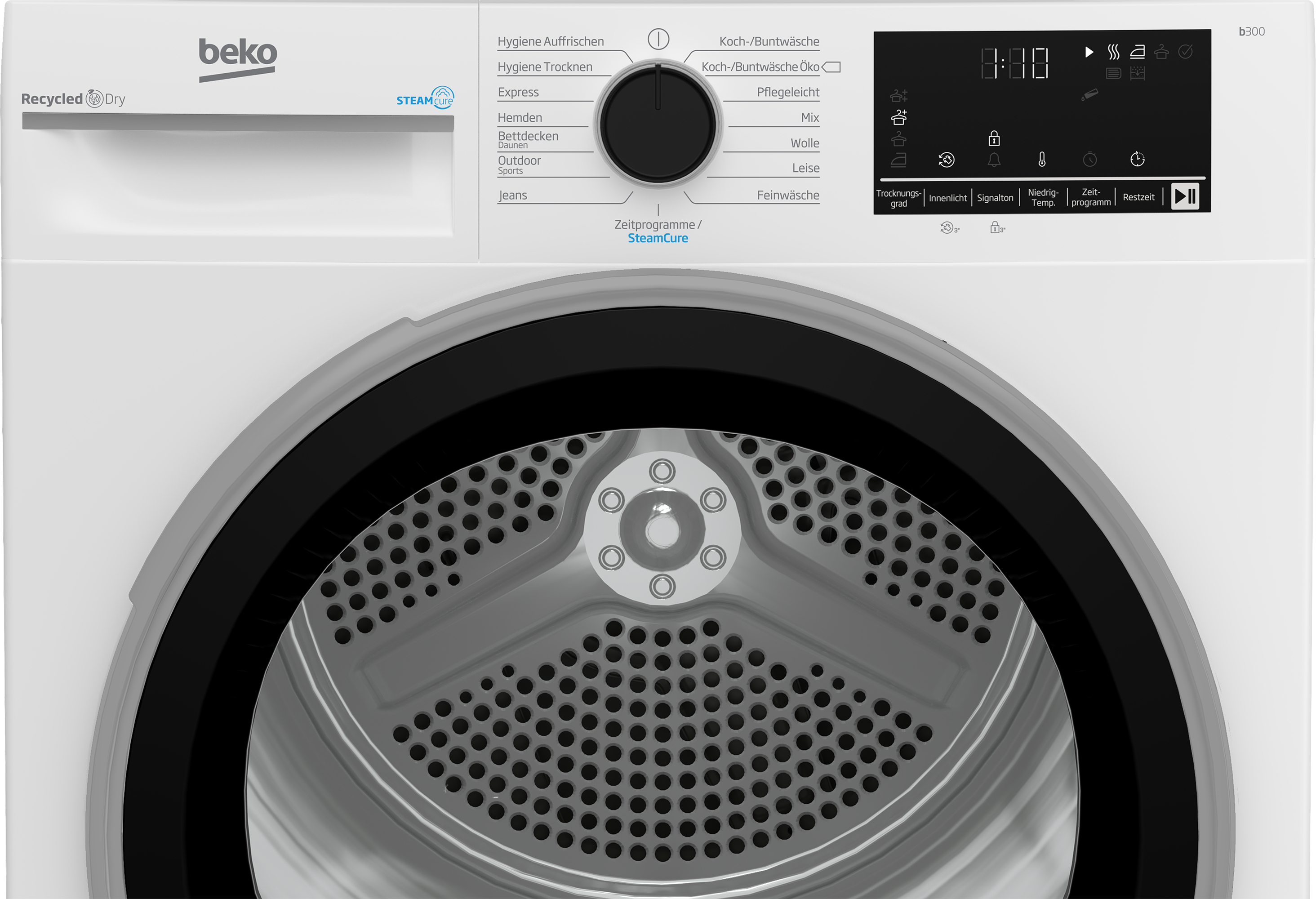 Ein weißer Beko-Trockner mit Digitalanzeige, Drehknopf und schwarzer Tür. Trockner hat verschiedene Einstellungen.
