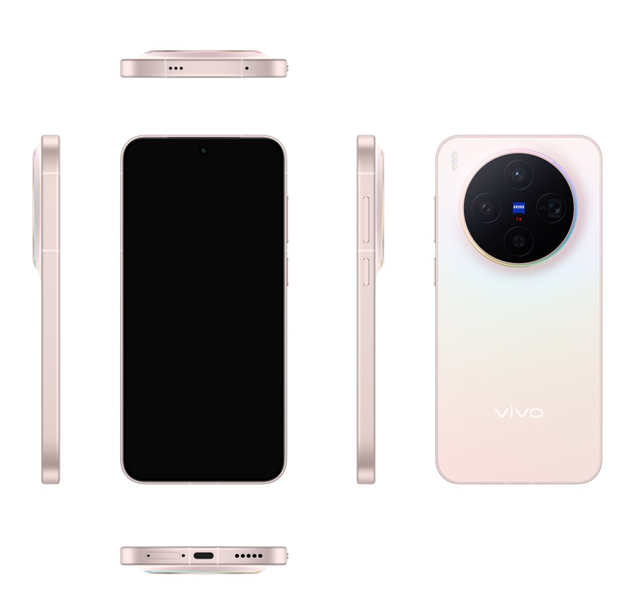Ein roségoldenes Vivo-Telefon, aus mehreren Blickwinkeln gezeigt. Es hat ein großes Kameramodul, einen schwarzen Bildschirm und das Vivo-Logo.