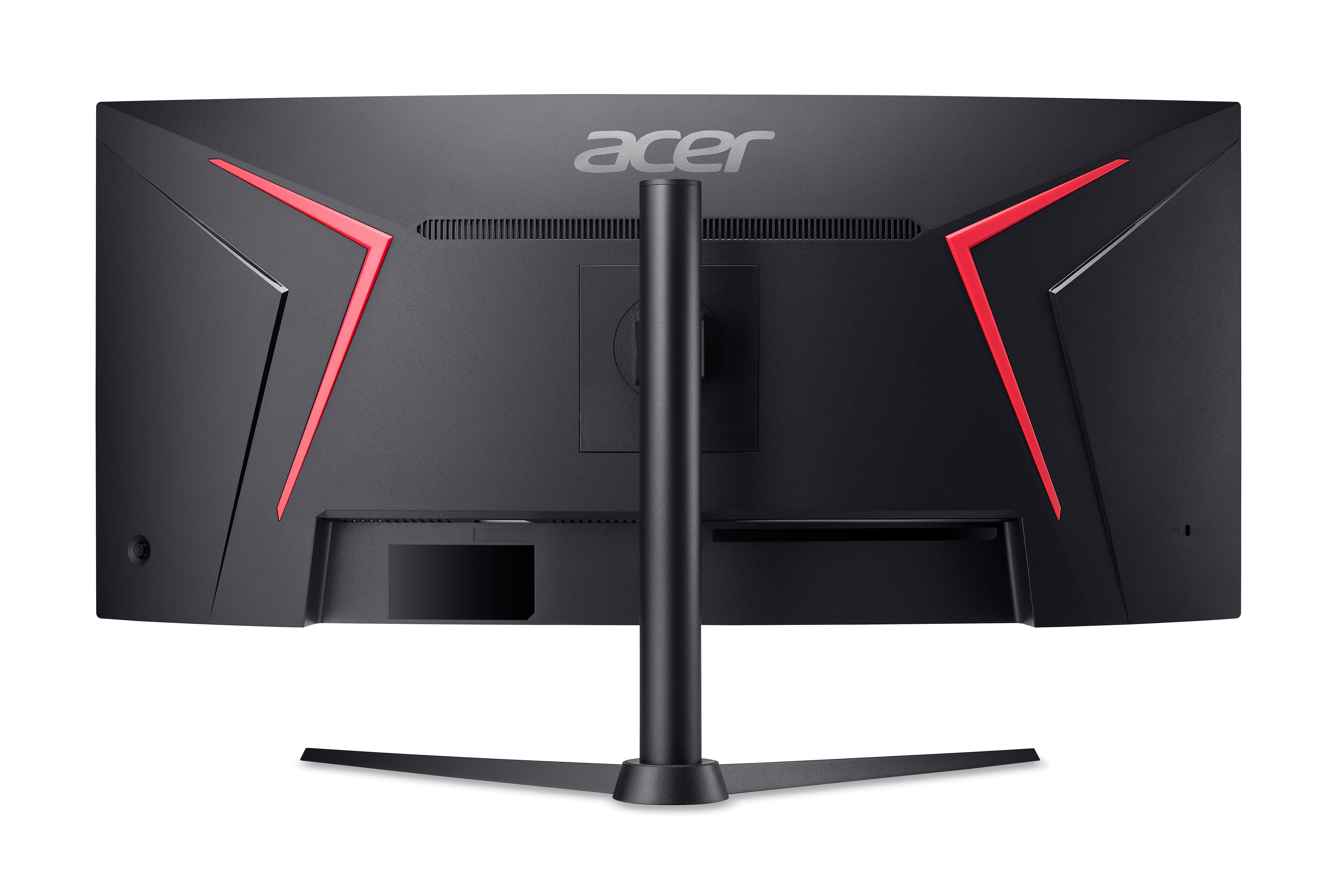 Schwarzer Acer-Monitorrücken mit roten Akzenten und Ständer. Acer-Logo oben. Der Ständer ist schwarz.