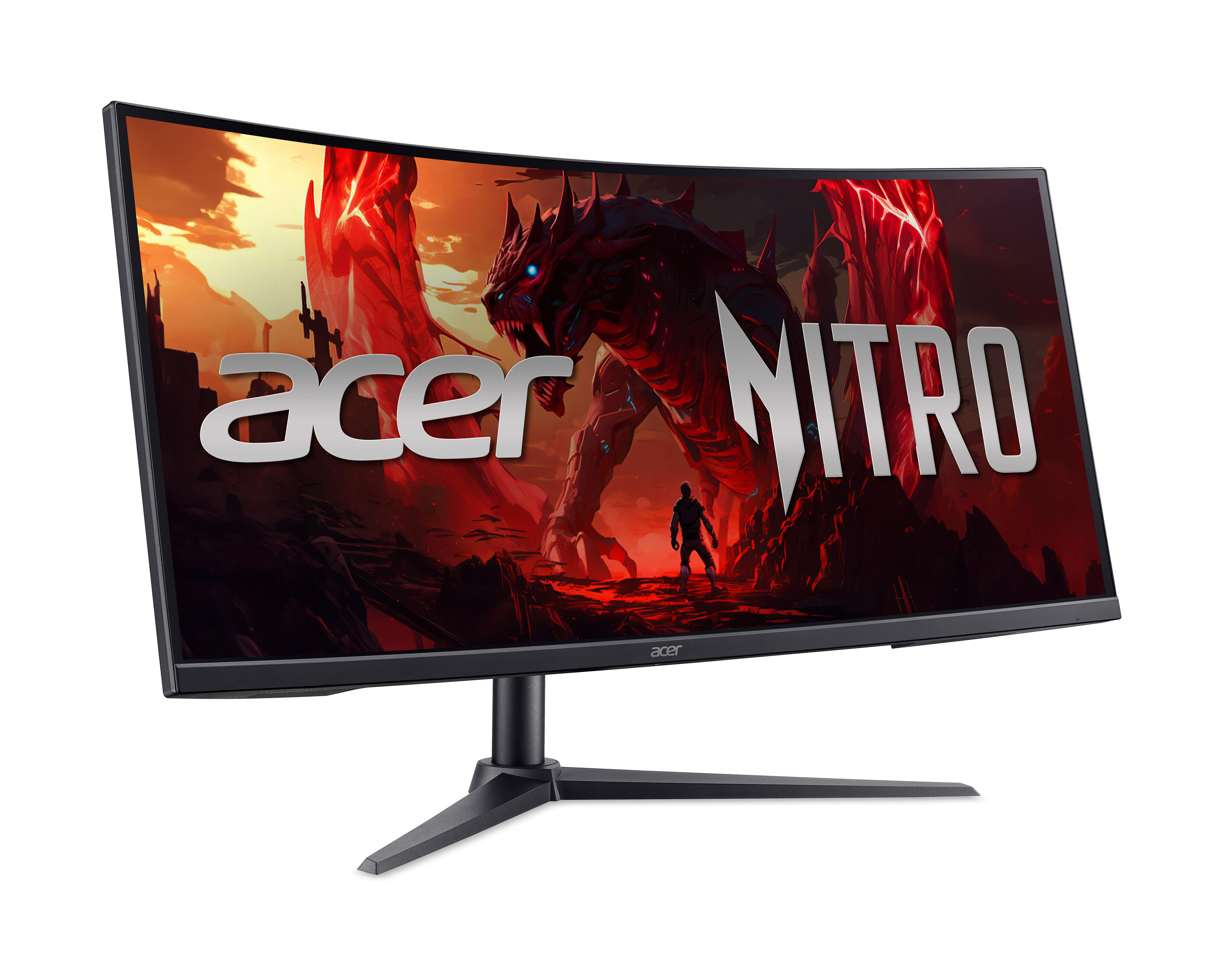 Acer Nitro-Curved-Monitor auf Weiß. Der Bildschirm zeigt einen Drachen, eine Person und die Wörter Acer Nitro.