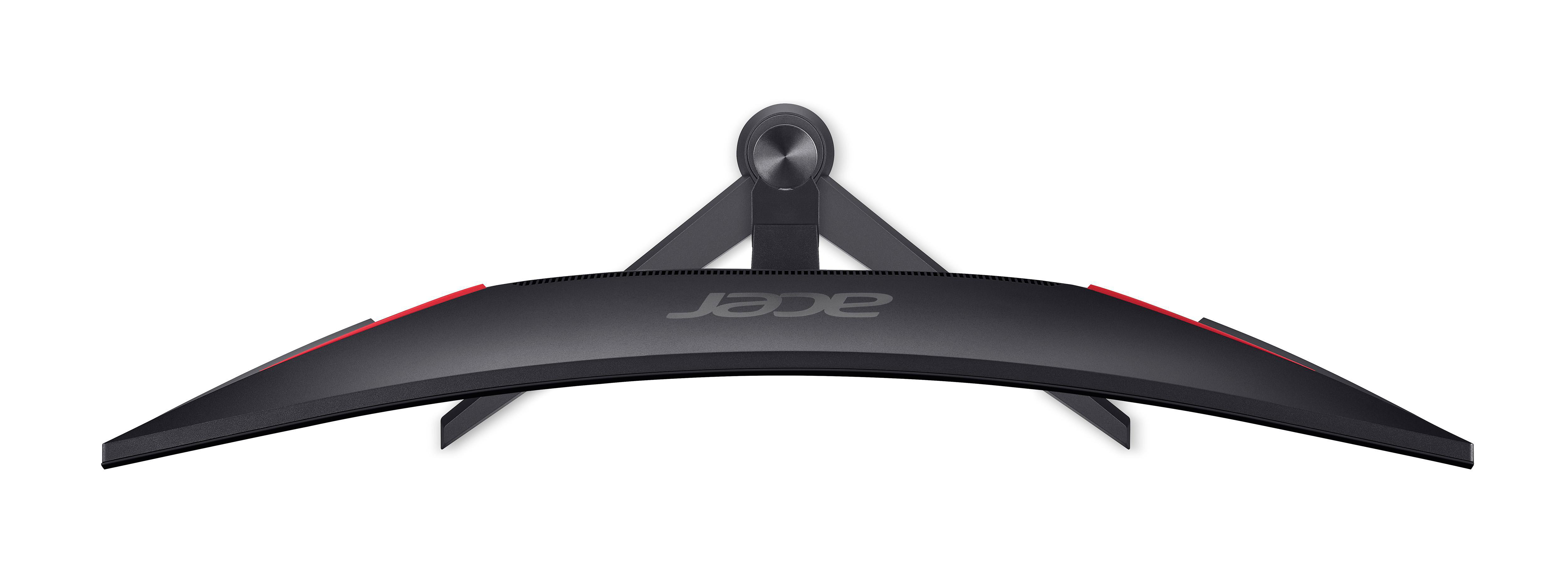 Draufsicht auf einen gebogenen schwarzen Computermonitor mit rotem Streifen. Das Acer-Logo ist sichtbar.