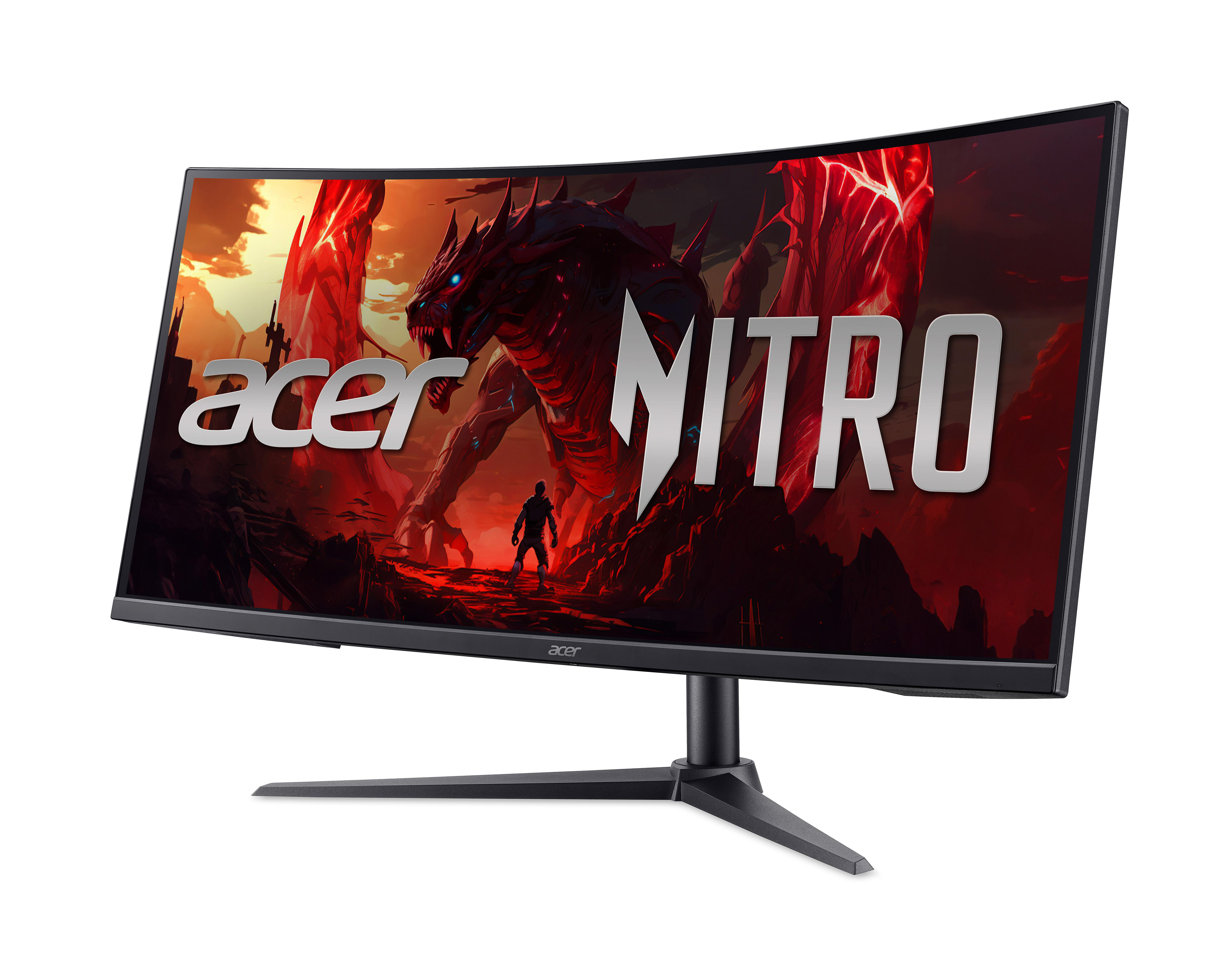 Gebogener Acer Nitro Monitor zeigt eine rote Monsterszene mit einer kleinen Figur. Der Monitor hat einen schwarzen Fuß.
