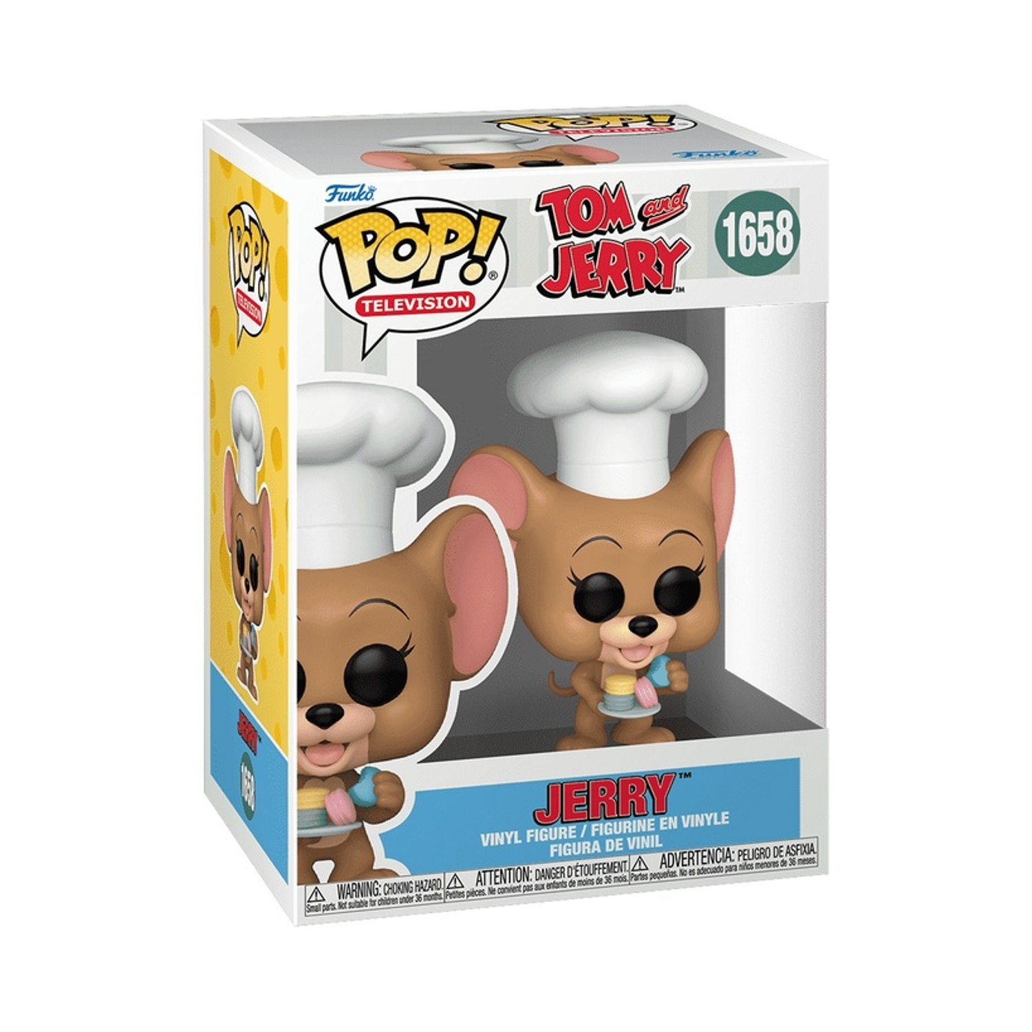 Una figura Funko Pop di Jerry di Tom e Jerry con cappello da chef, che tiene del cibo. La scatola presenta il logo di Tom e Jerry.