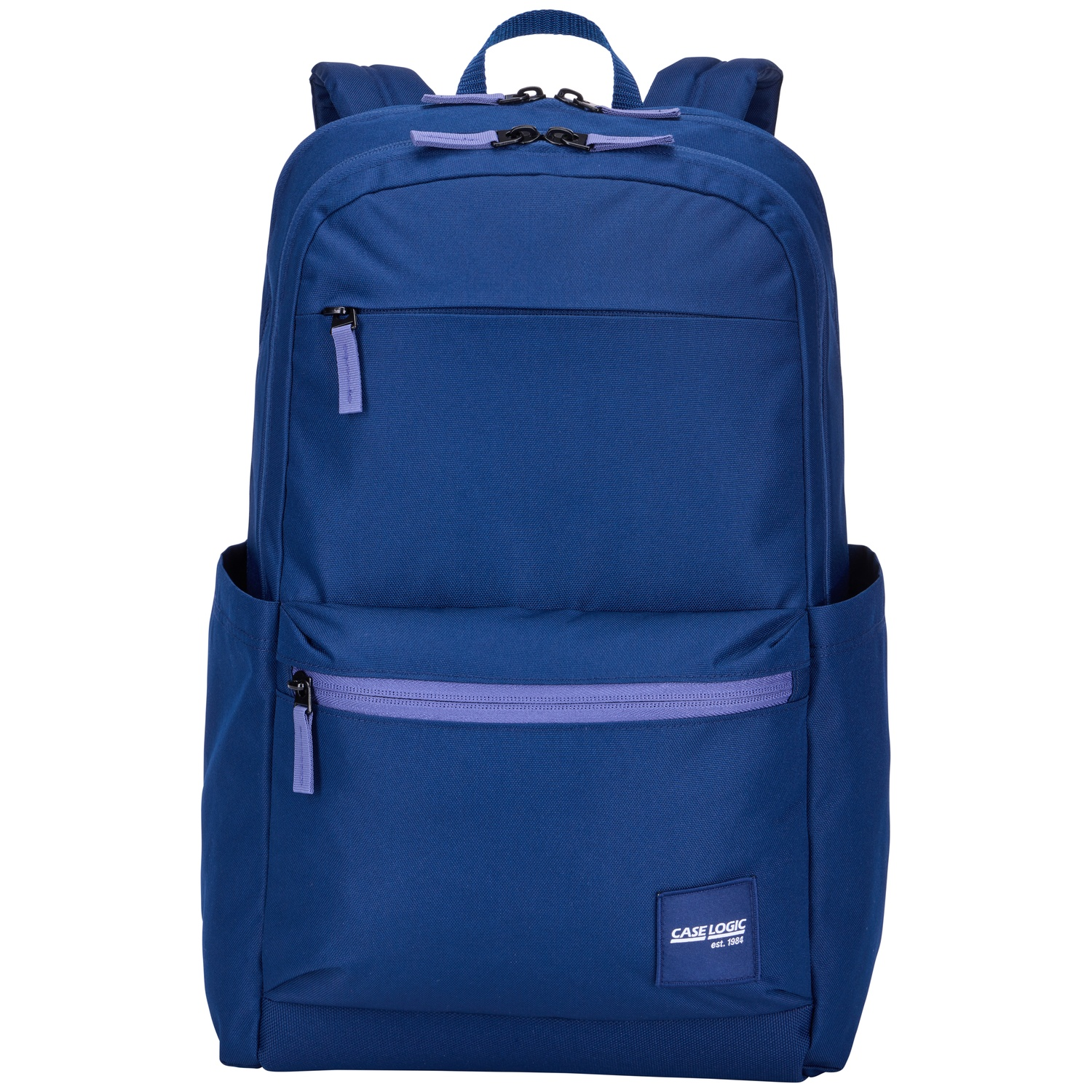 Un sac à dos bleu marine avec des fermetures éclair et des accents violets. Il comporte une poignée, des bretelles et une poche avant.