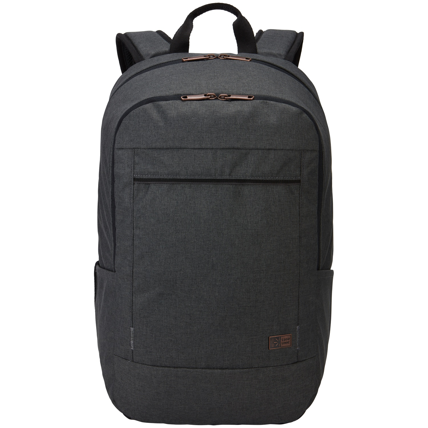 Un sac à dos gris avec une poignée supérieure, des bretelles et une poche avant. Le logo Case Logic est visible.