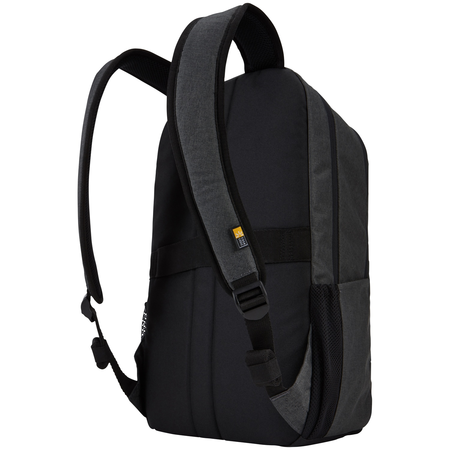 Un sac à dos noir avec des bretelles et des accents gris est vu de côté. Le sac a un logo Case Logic.
