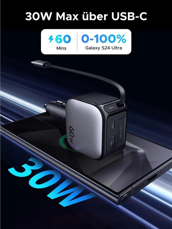 Ein Telefon, das mit einem 60-W-Ladegerät geladen wird. Das Ladegerät ist an einen Auto-Adapter angeschlossen. Das Telefon ist ein Galaxy S24 Ultra.