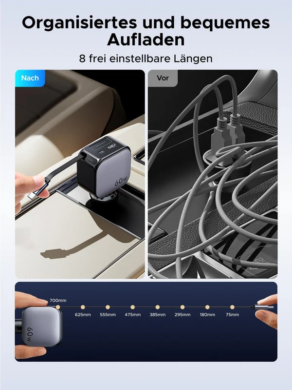 Das Bild zeigt einen Auto-Ladeadapter. Links: organisiertes Setup. Rechts: unordentliche Kabel. Unten: Längeneinstellungen von 700 mm bis 75 mm.