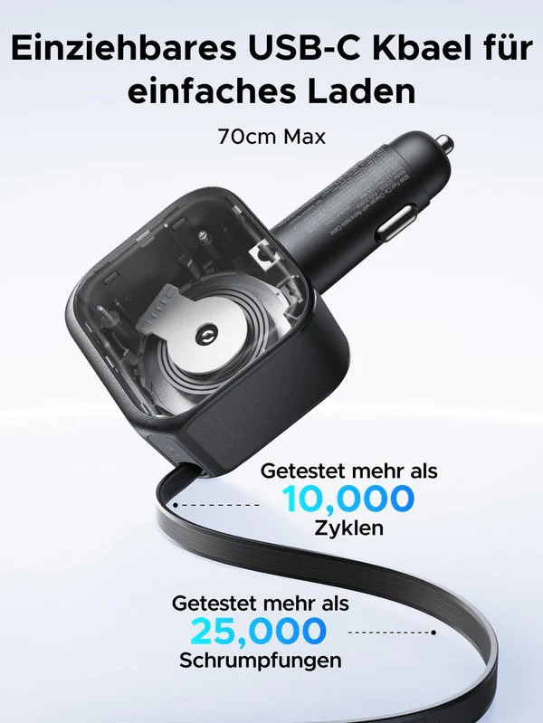 Ein schwarzes USB-C-Kabel zum einfachen Aufladen mit deutschem Text. Das Kabel wurde auf über 10.000 Zyklen und 25.000 Schrumpfungen getestet.