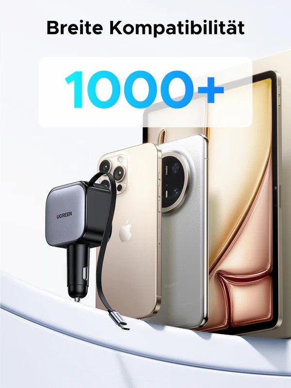 Das Bild zeigt ein Autoladegerät mit mehreren Handys und Tablets dahinter, was die Kompatibilität mit über 1000 Geräten impliziert.